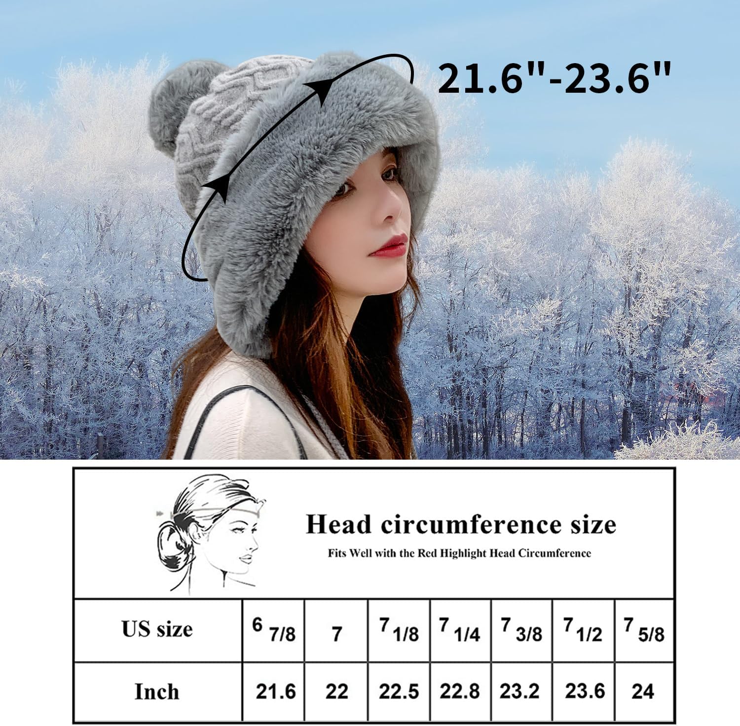 Peicees Womens Fur Hats with Pompom for Winter Warm Knit Beanie Skull Cap Russian Ushanka Trapper Hat with Ear Cover