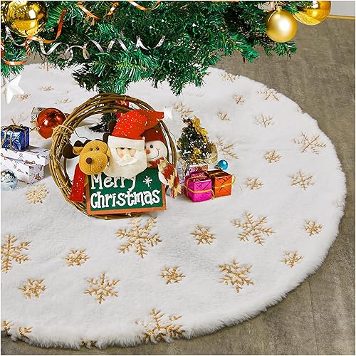 Miniatura 7 de Falda de árbol de Navidad de 36 pulgadas, faldas blancas de piel sintética con copos de nieve de lentejuelas doradas, falda de árbol de felpa suave