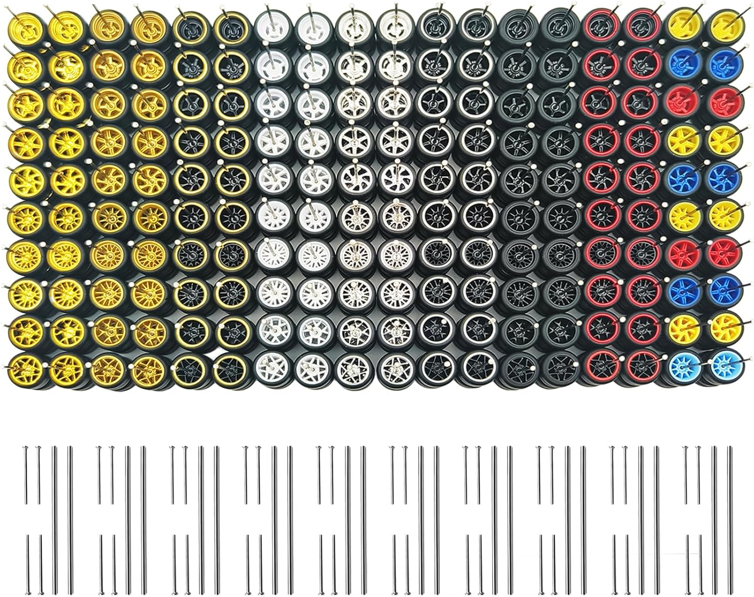 1/64 Wheels and Tires Set - 10 Mixed/Random Rubber Wheel Sets + 10 Extra Axle Sets - No Vehicle Disassembly Needed - Compatible with Hot Wheels & Matchbox