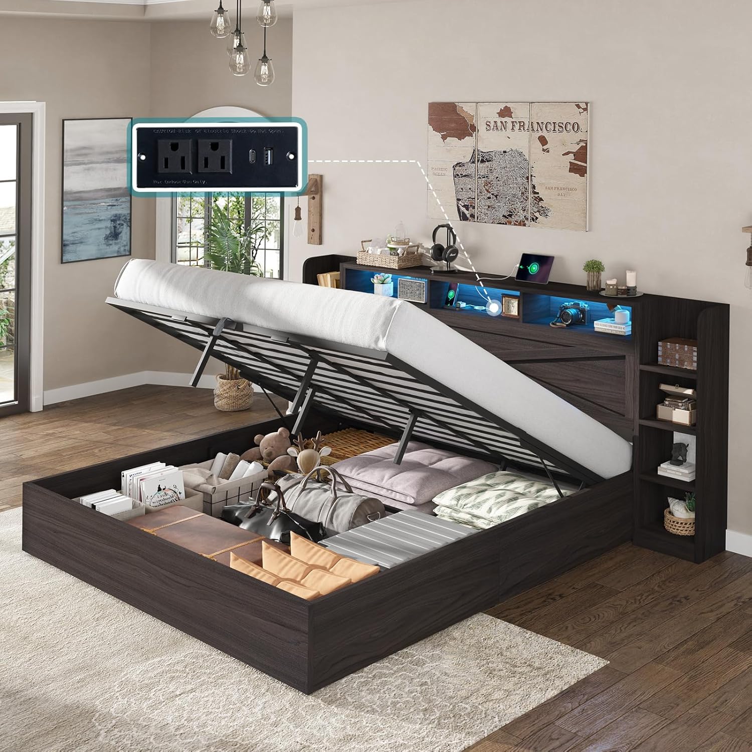 AMERLIFE King Size Lift Up Storage Bed Frame, 45.1" LED Bed Frame with 2 Side Shelves and Bookcase Headboard, Farmhouse Wood Platform Bed with Charging Station, No Box Spring Needed, Black