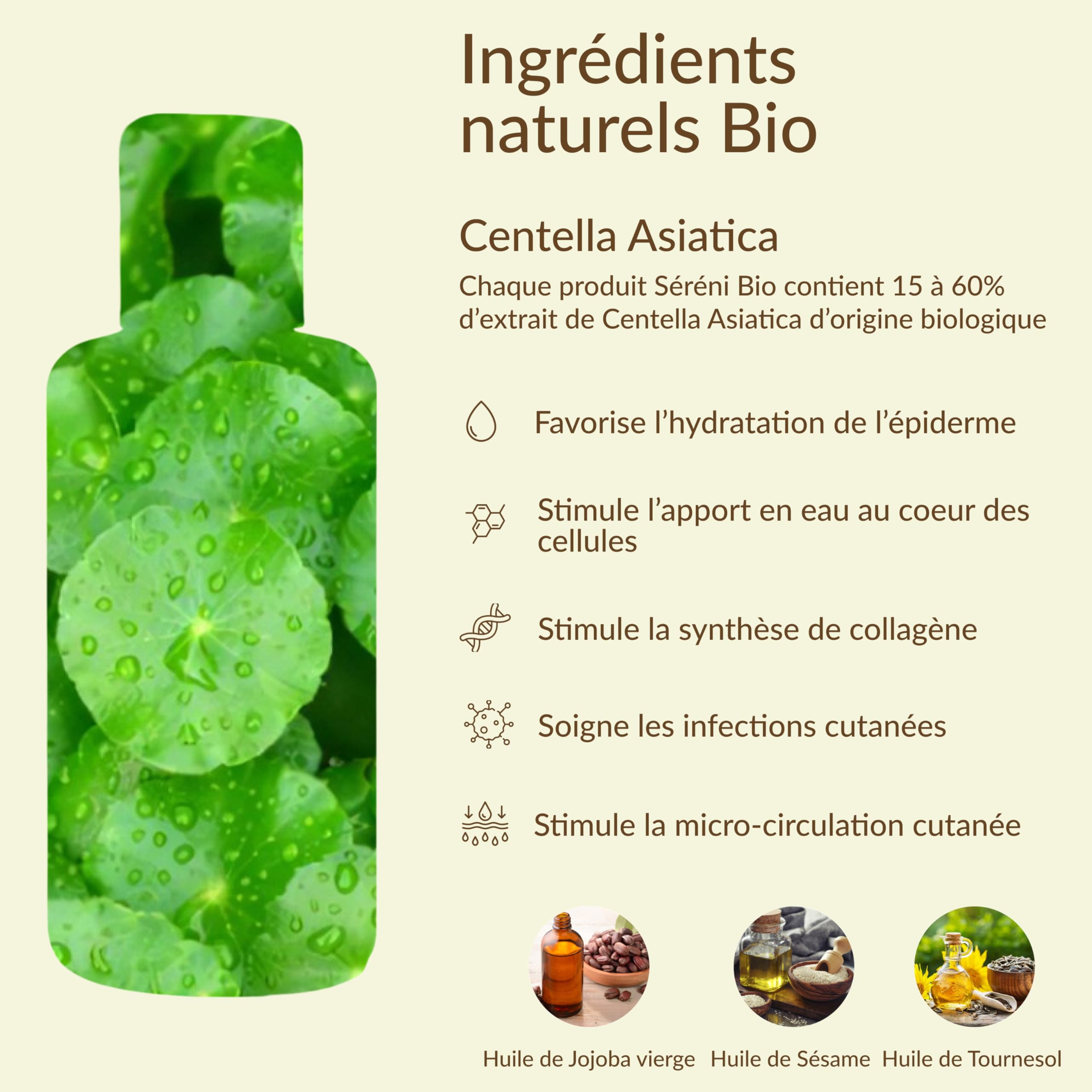 SéréniBio Huile Nutritive Centella Asiatica - Soin Visage Professionnel Certifié Bio Végan et Équitable - Apaise et Nourrit - Huile Hydratante Peaux Cheveux Ultra Sensibles - 100ml