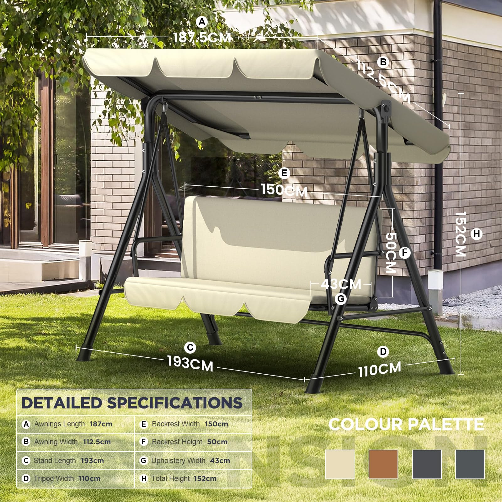 Balancelle de jardin 3 places avec toit pare-soleil réglable - Banc à bascule ergonomique résistant aux intempéries - Idéal pour le jardin, la terrasse - Montage facile - Beige