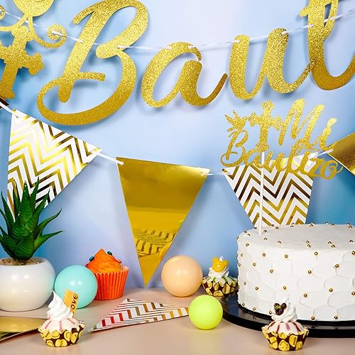 Miniatura 3 de Banner dorado con purpurina Mi Bautizo para tartas Mi Bautizo, decoración de bandera triangular con purpurina para primera comunión, decoraciones