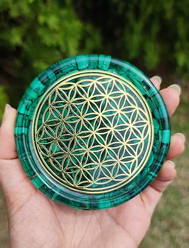 Miniatura 5 de LARGE 4" Malachite Crystals Flower Of Life Coaster Water Charging Plate Energy Dome