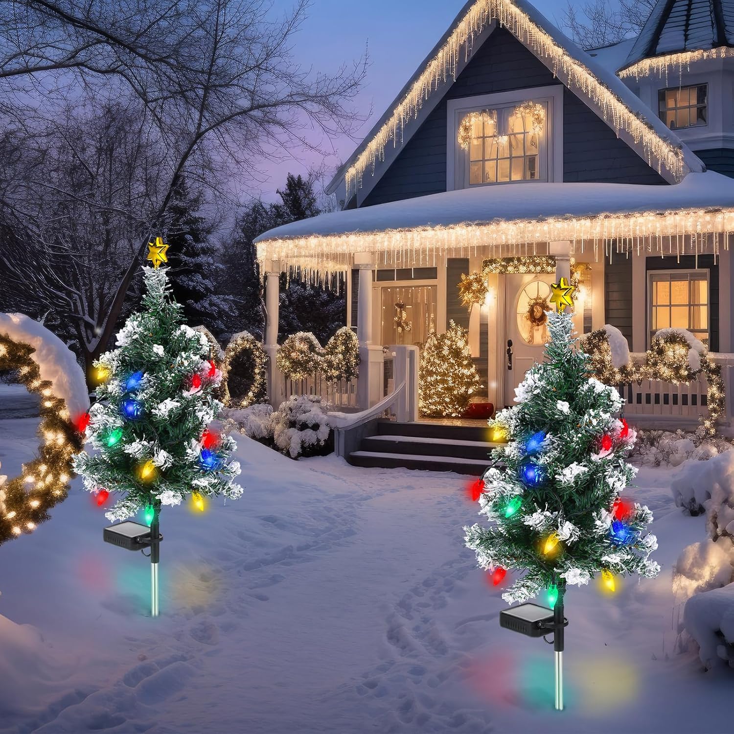 Baquler 2 Pcs Solar Christmas Tree Garden Stake Lights Outdoor Christmas Tree Yard Decorations Multicolor Solar Stakes for Pathway Lawn Patio Xmas Ornament(Strawberry Style)
