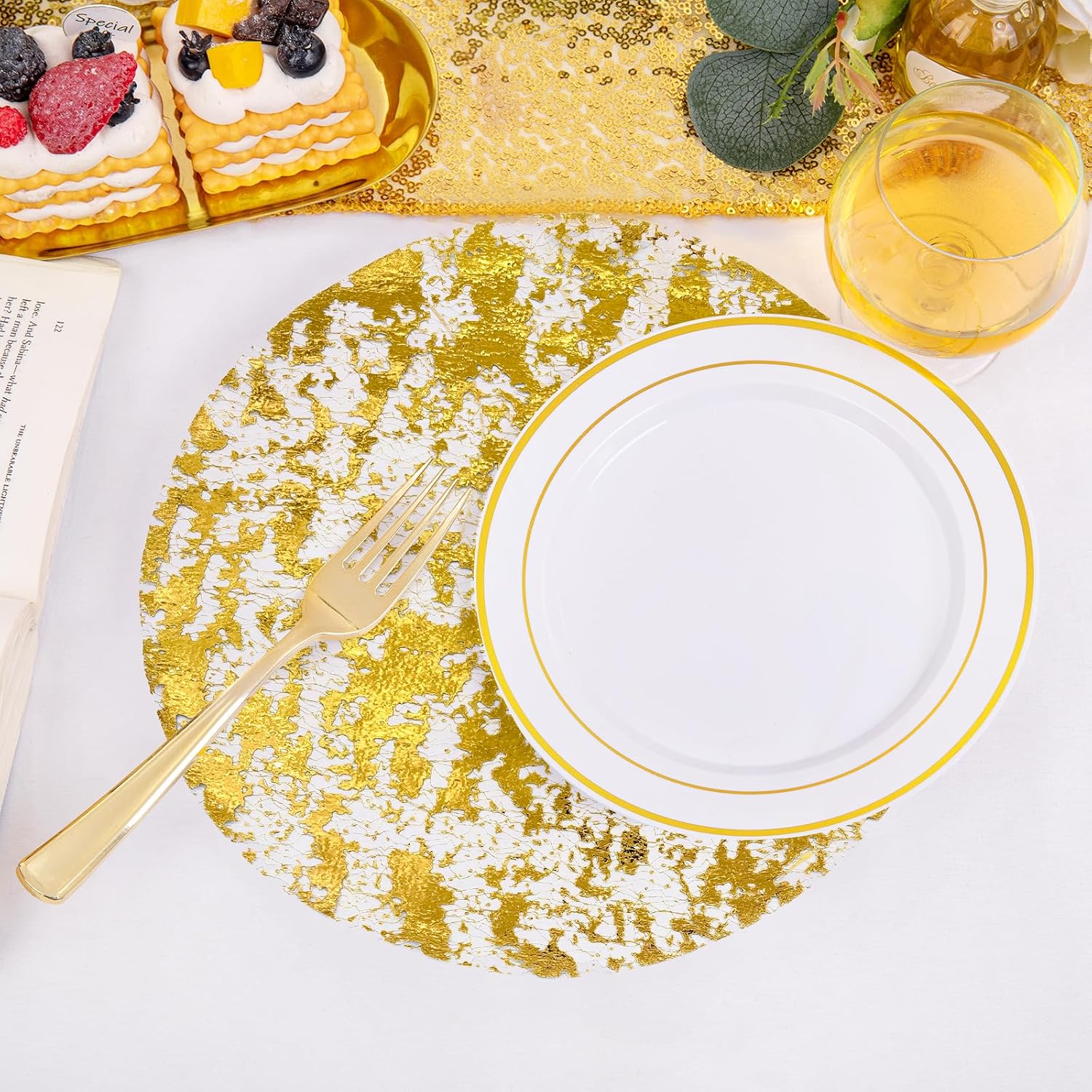 30 Pcs Disposable Gold Placemats 13 Inch Glitter Metallic Mesh Round Placemats Gold Foil Mesh Pressed Table Doilies Table Mats for Dining Table Wedding Birthday Party
