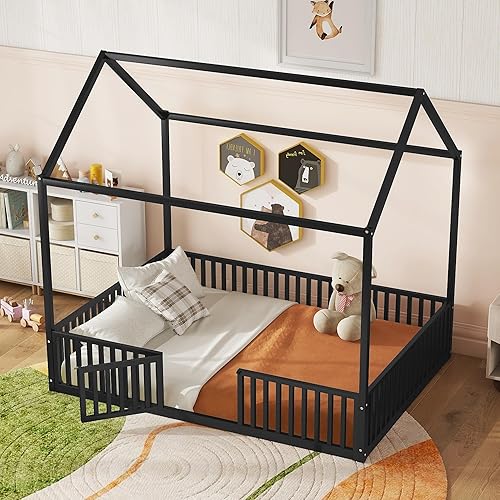 Miniatura 10 de Bellemave Cama Montessori de tamaño individual, marco de cama de metal para niños, camas Montessori con valla, casa de juegos para niños, color