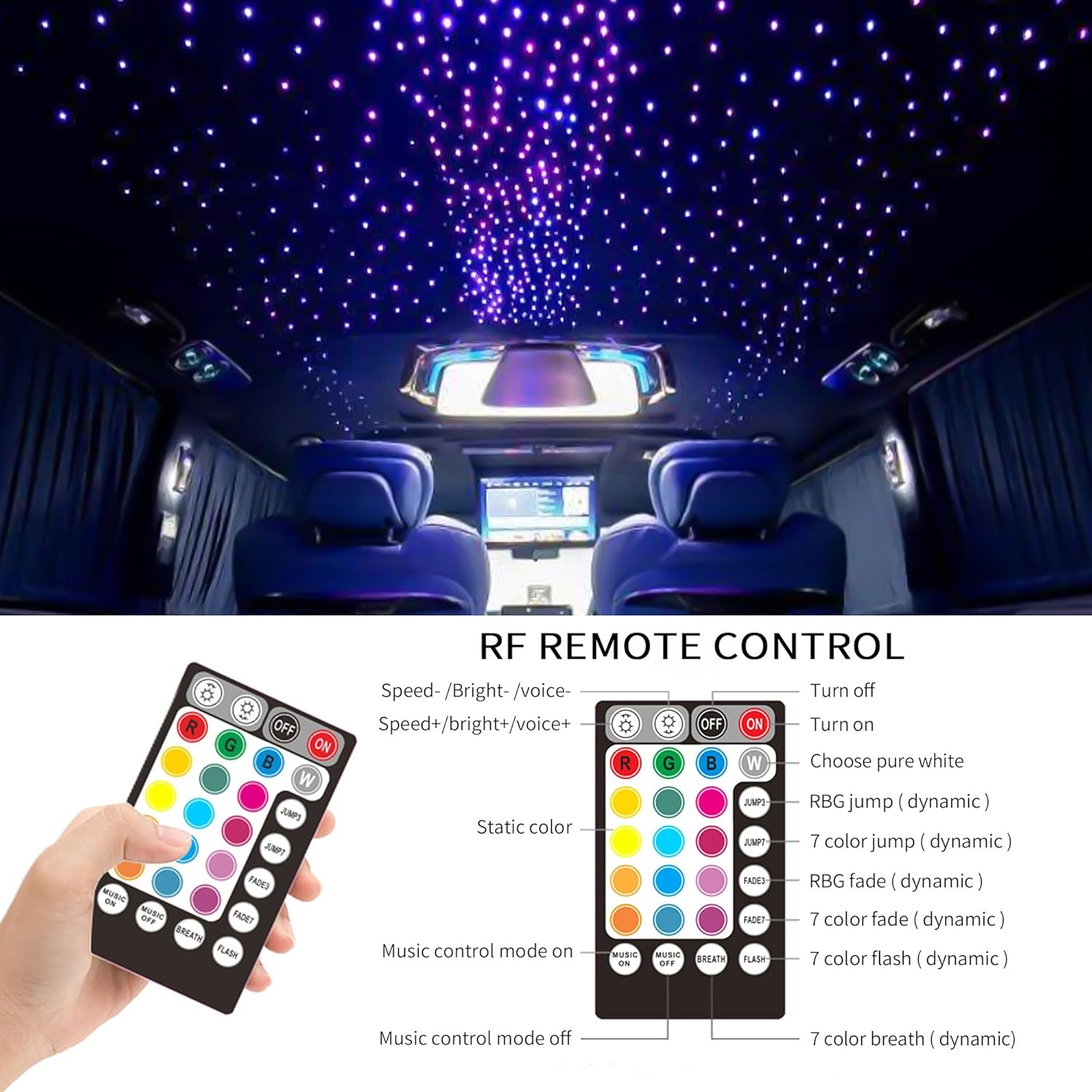 6W Sound Activated 500pcs Starlight Headliner Kit, 0.03in 6.5ft Fiber Optic Car Star Roof Lights with APP Control/Remote
