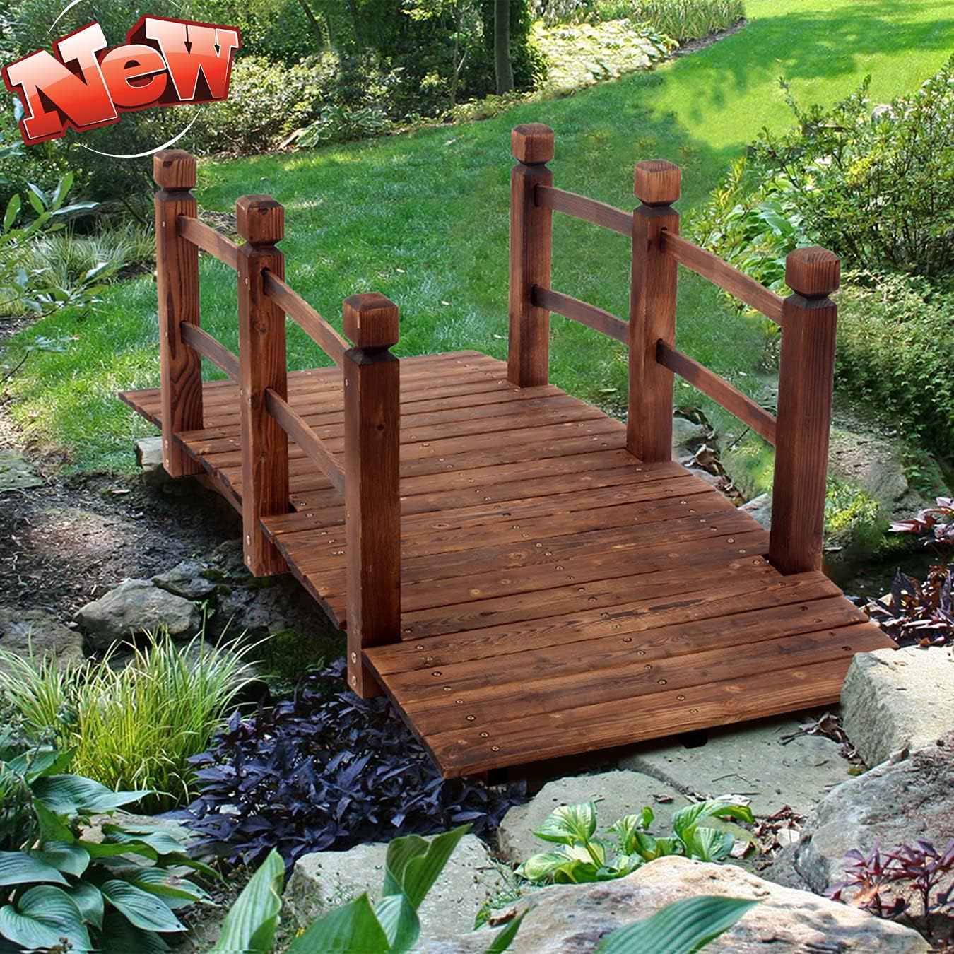 DTEXCCNXS Stronger & Anticorrosive Garden Bridge 5ft, Wooden Arch Landscape Bridge with Safer Railsm, 500lbs Capacity Decorative Bridge for Backyard Pond Courtyard Walkway (Stained Wood)