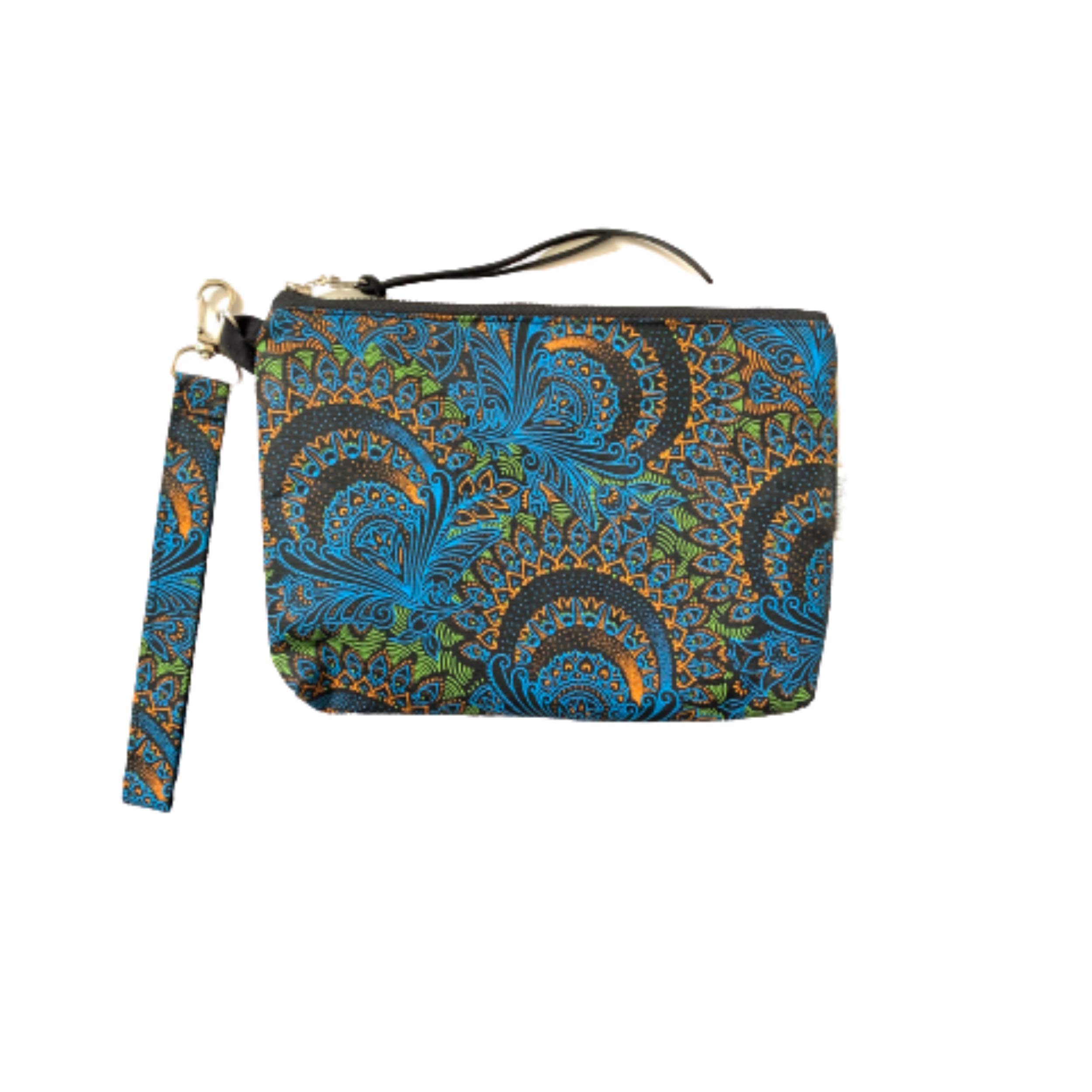 Shweshwe Wristlets for Women, Wristlet Purses for Women, African Print Zipper Purse, Peacock Clutch Purse