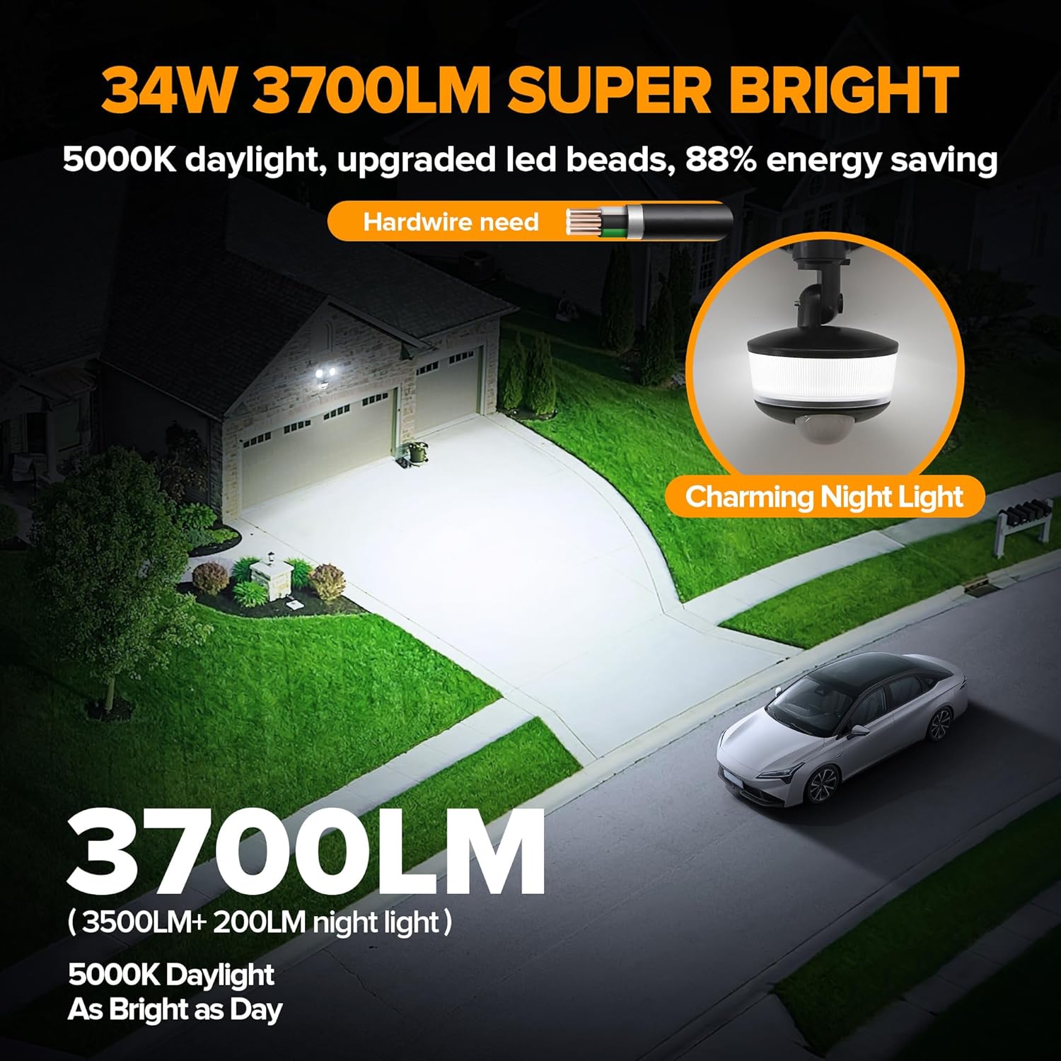 LUTEC 34W 3700 Lumen LED Security Light Motion Sensor Outdoor Lights with Night Light, 5000K Daylight, IP65 Waterproof, Dusk to Dawn, Hardwired Motion Detector Flood Light for Garage, Yard-Black