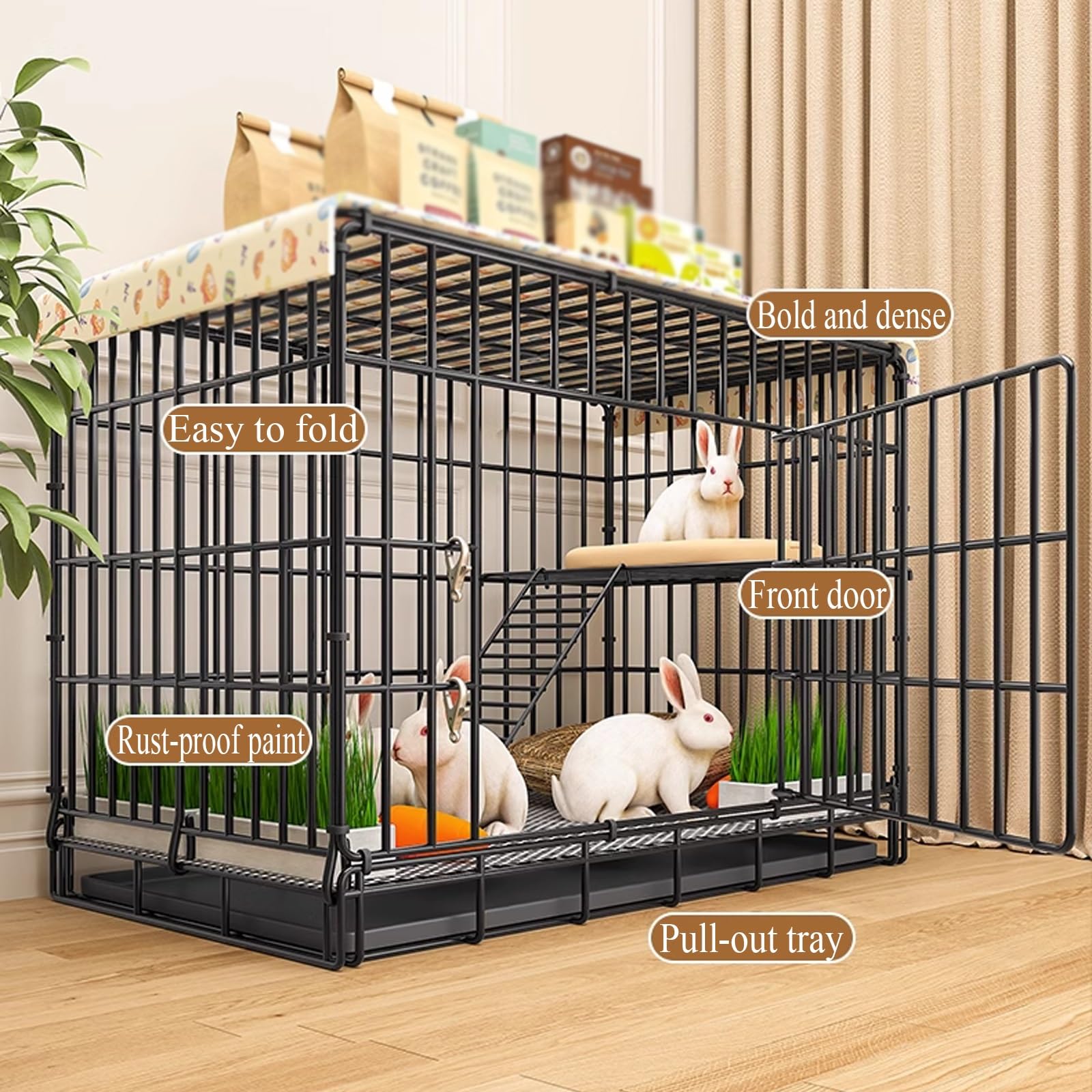Casetta Coniglio Nanos da Interno Gabbia Metal, Gabbia per Coniglio Grande con Rampa e Vassoio Estraibile, Gabbia Pieghevole Facile da Pulire(Black,84 * 61 * 67cm)