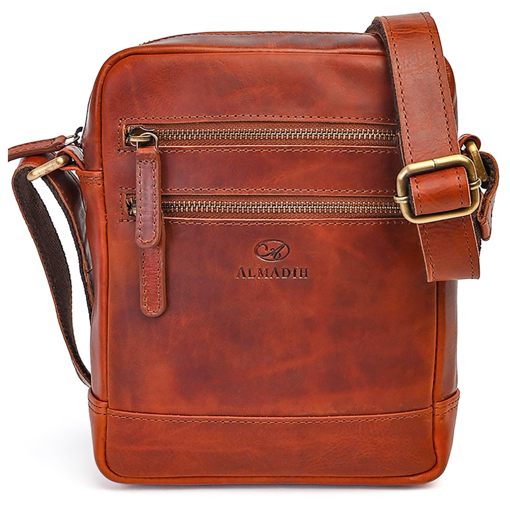 ALMADIH kleine Leder Umhängetasche Herren 9.7 Zoll iPad – LEON braun - Kompakte Ledertasche für Reisen & Alltag Messenger Schultertasche Freizeittasche Tablet Herrentasche Damen