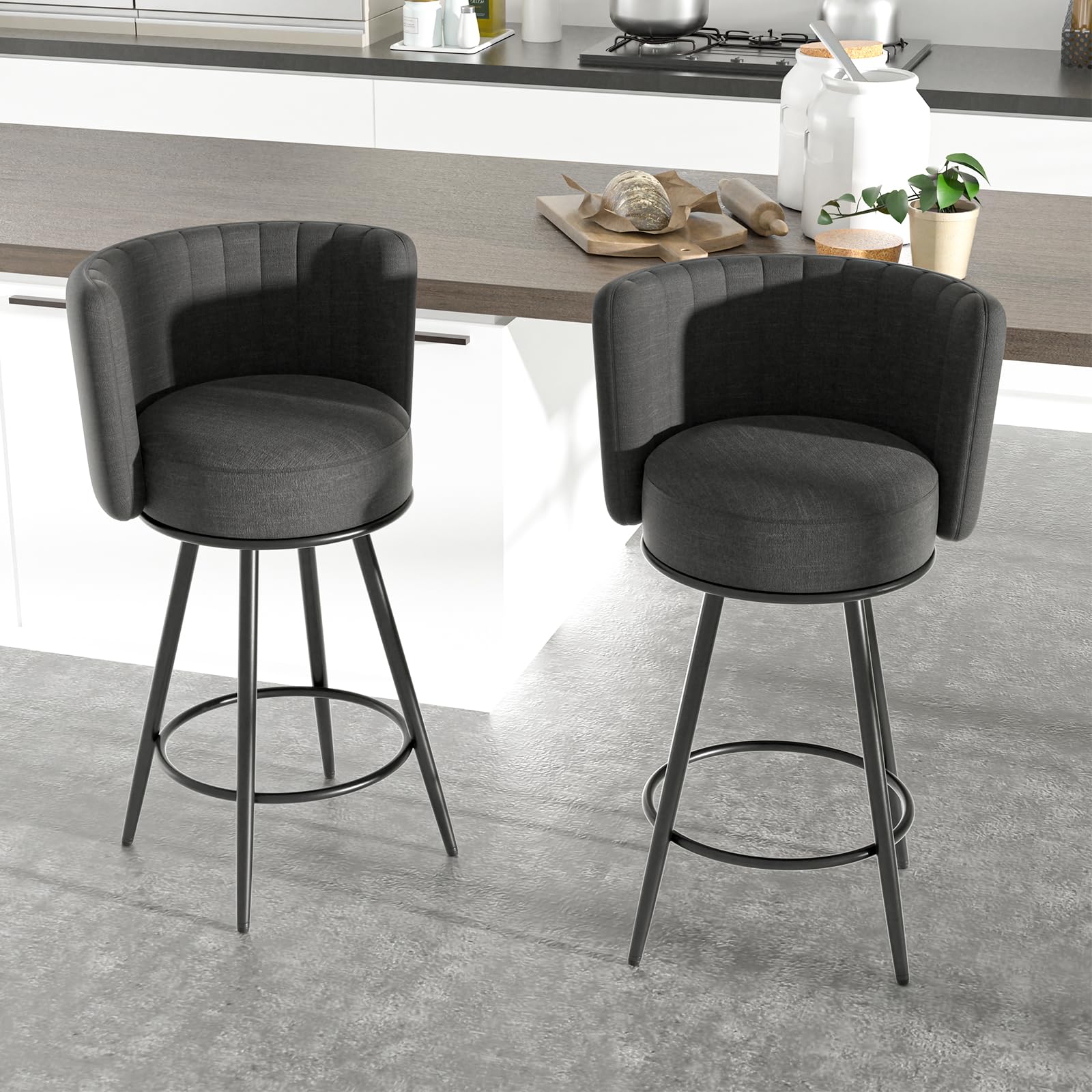 Bar Stools Set of 2, 27" Tufted Modern Counter Height Bar stools, Upholstered Barstools with Back & Footrest Metal Legs, Stools for Kitchen Island, Counter, Cafes, Dining Room (Dark Grey)