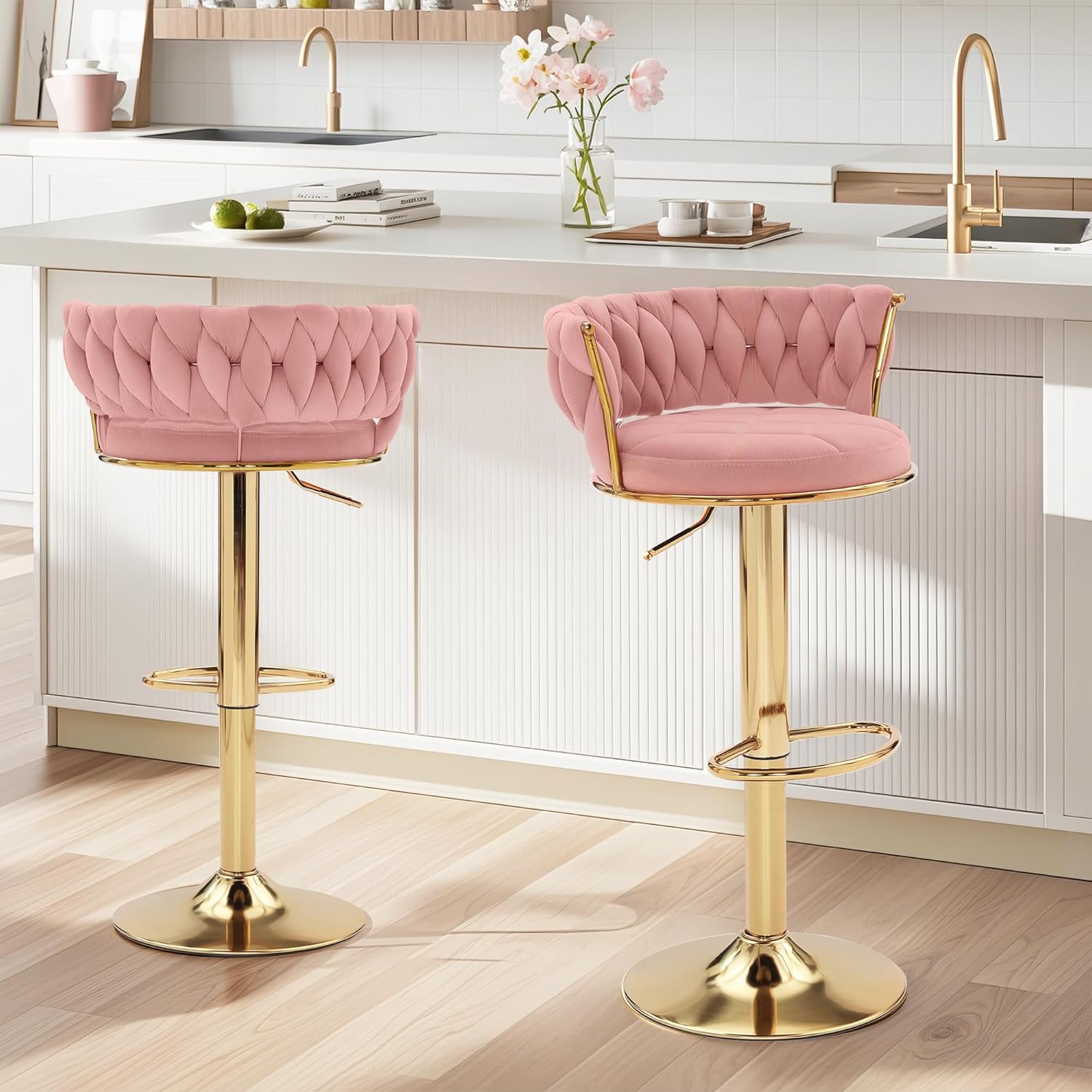 VECELO Bar Stools Set of 2, Adjustable Barstools Counter Height Stools with Back and Arm, Velvet Woven Kitchen Island Stools w/Gold Metal Leg Base, 360° Swivel Bar Chair, Pink