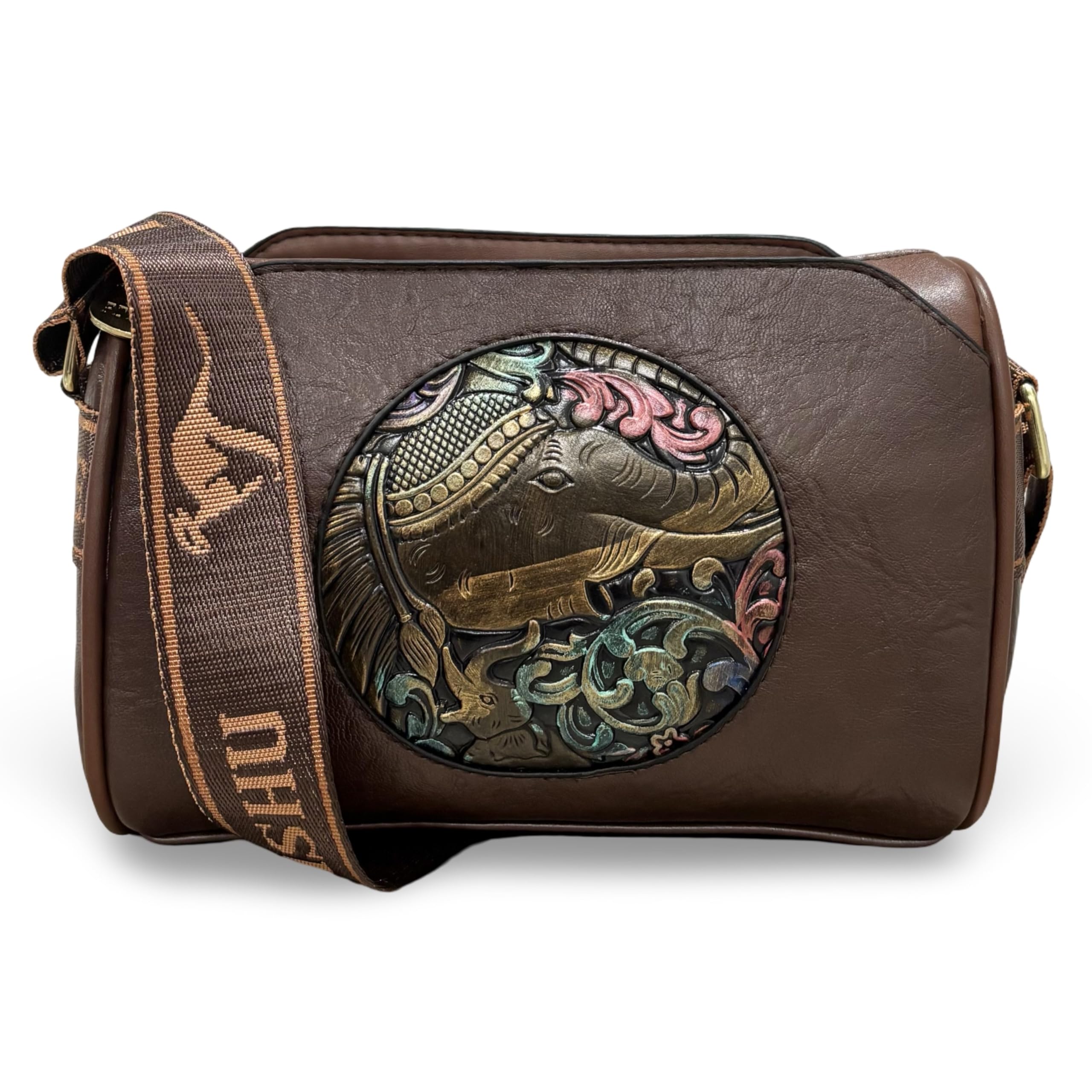 glossy Women's Crossbody Sling Bag | Adjustable Wide Strap | PU Material | Ethnic Embossed Design-picture-30
