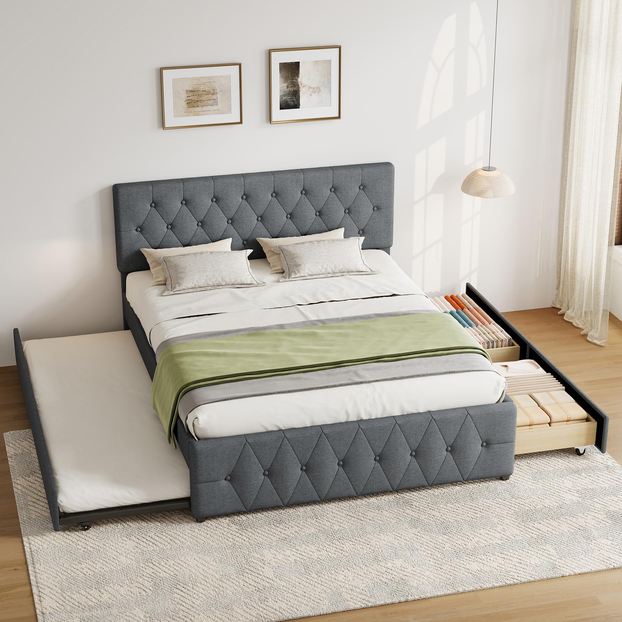 FAVSH Queen Bed Frame with 2 Wooden Storage Drawers & Pull-Out Trundle Bed, Upholstered Platform Bed, Dark Gray