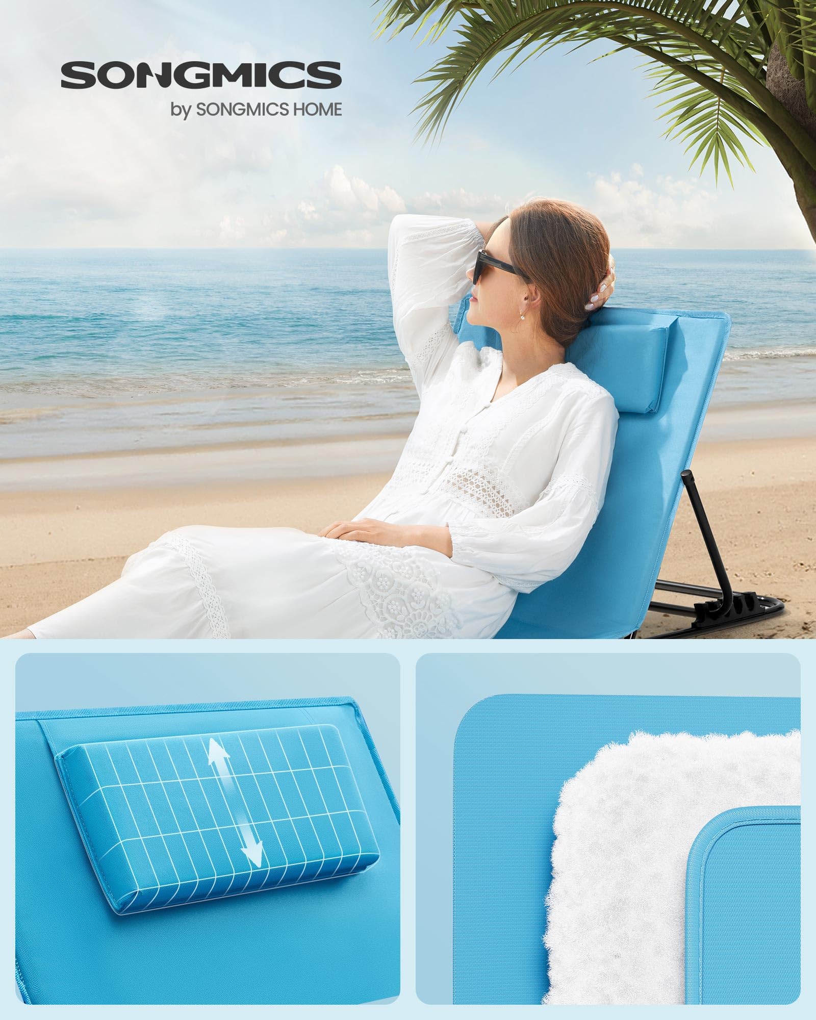 SONGMICS Zestaw 2 krzeseł plażowych Krzesło kempingowe Leżak plażowy Składane regulowane oparcie Lekki przenośny z uchwytem do basenu ogrodowego na kempingu 158 x 55 cm Błękitny GCB251Q01