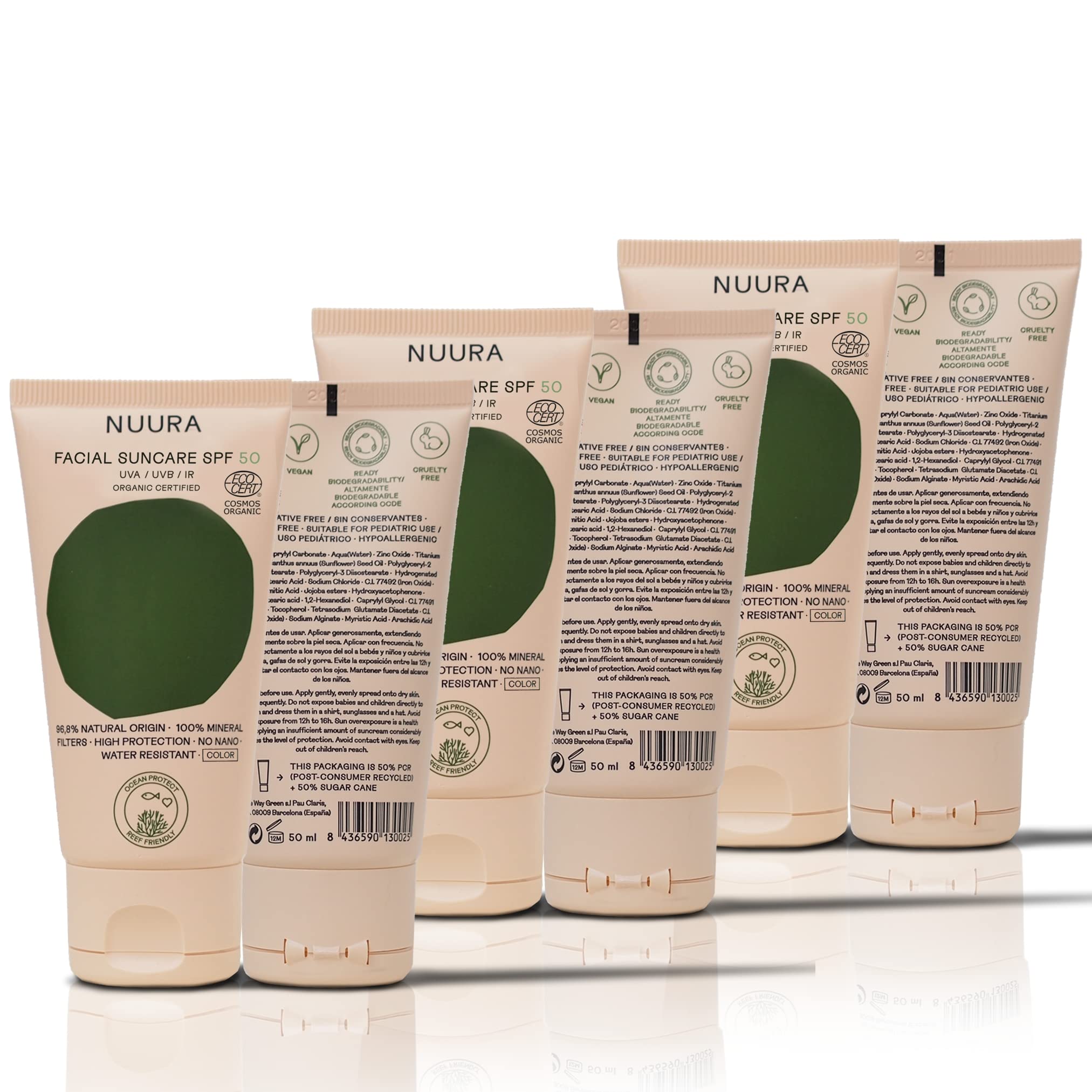 NUURA - Protector Solar Facial Mineral con Color Ecológico - SPF 50+ UVA/UVB/IR - Vegano, Cruelty Free, Ocean & Reef Respect - Para Pieles Sensibles, 50 ml [Pack de 3]
