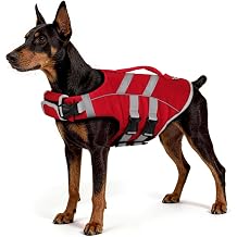 Paiaite Dog Life Jacket Ripstop High Buoyancy Swimsuit with Reflective Stripes & Rescue Handle - Adjustable Preserver with Leash Hook for Swimming, Boating & Lake Activities for Dogs Red L