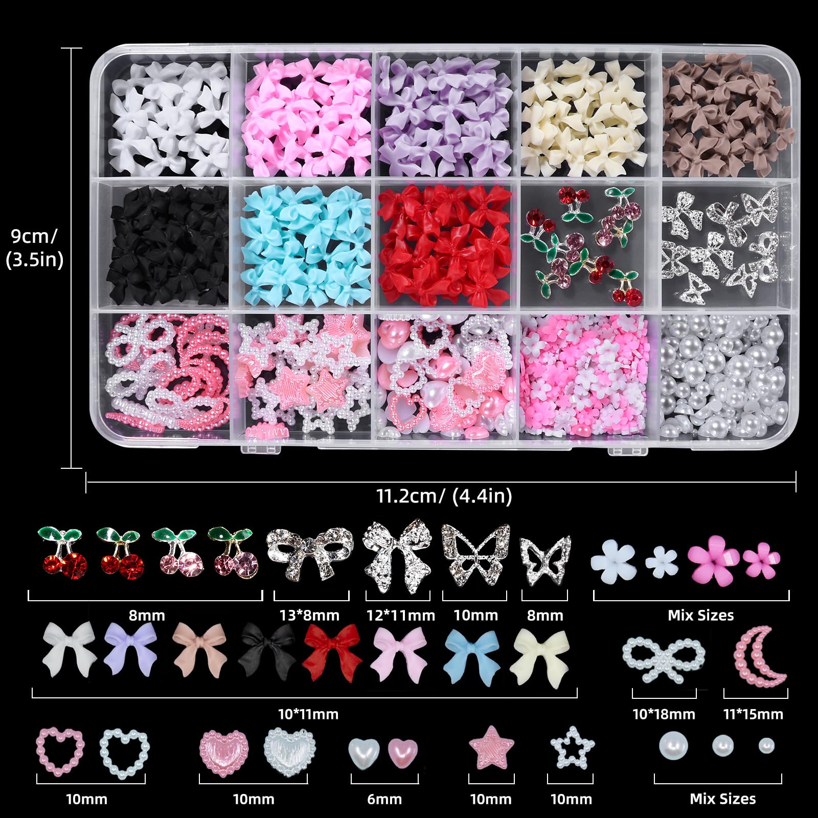 Bow Nail Charms and Gems, Color Acrylic Bows for Nails Silver Bows Cherry Nail Gems Charms, Bow Nail Charm Pearl Heart Star Nail Charms for Women DIY Crafts Accessories