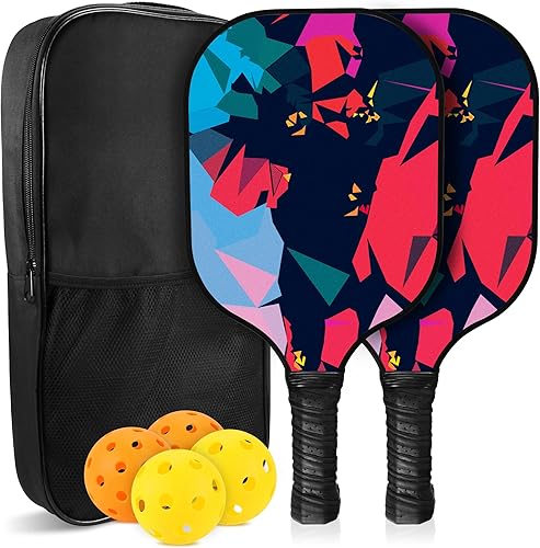 Paletas de pickleball, juego de 2 paletas de pickleball con superficie de fibra de vidrio, juego de 4 bolas y 1 funda de transporte, palas de