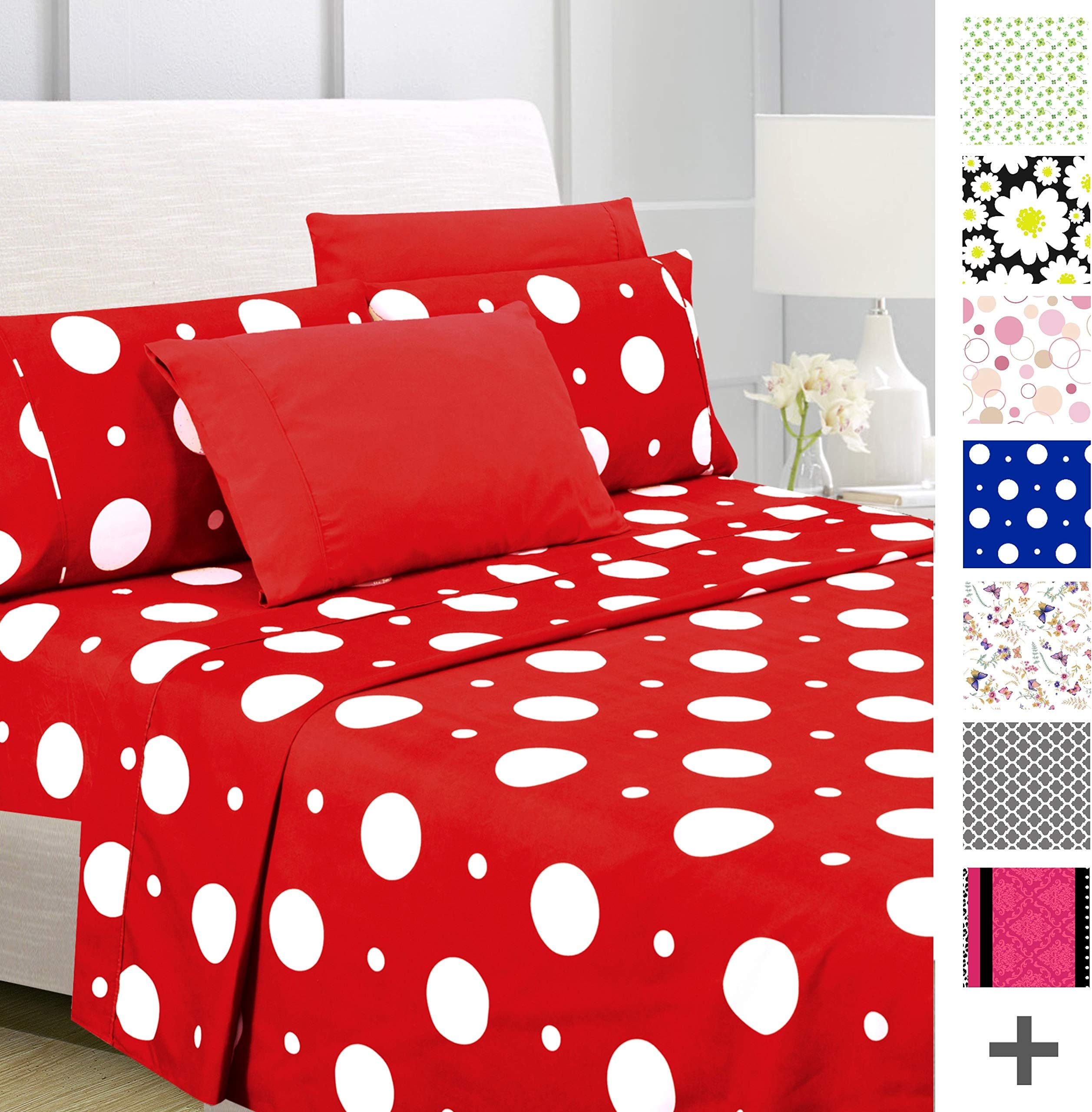American Home Collection 6 Piece Bed Sheet Set Super Soft Brushed Microfiber - 14" Deep Pocket - Wrinkle Resistant - Hypoallergenic (Full, Red Polka Dot)