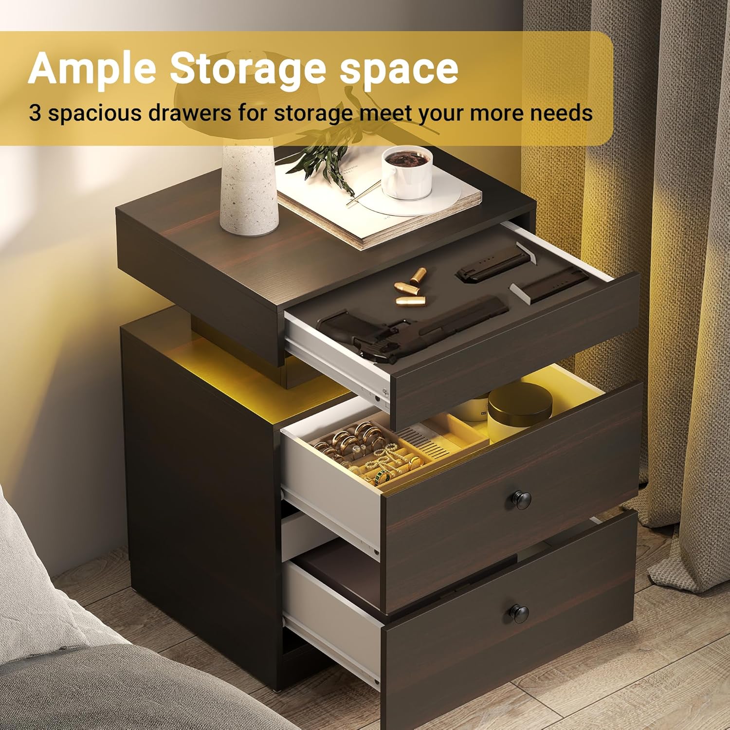 Manora Nightstand with LED Light & Charging Station, Modern Bedside Table with Drawers, Black Night Stand with Sliding Top, End Table for Bedroom, Living Room,Dark Brown