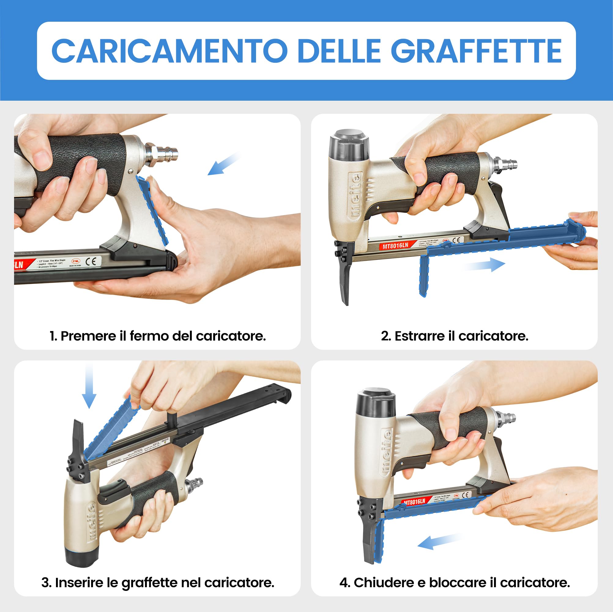 meite MT8016LN Graffettatrice Pneumatica a Naso Lungo, Sparachiodi ad Aria Compressa per Tappezzeria e Lavorazione del Legno, 21GA Tipo 80, Graffette 6–16 mm per Falegnameria e Fai da Te