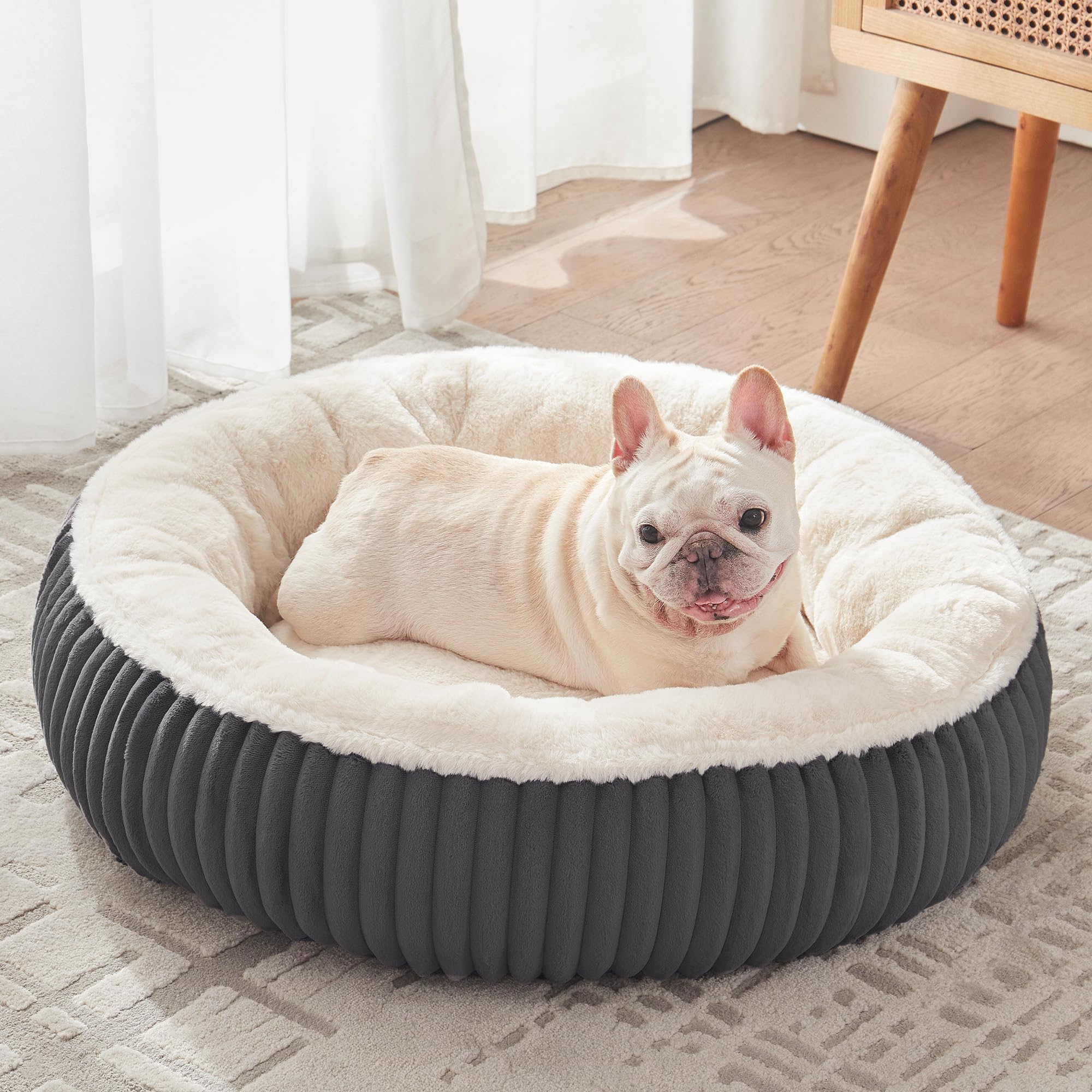 bedstill 30 inches donut dog bed for medium dogs,calming round pet bed with removable cover,washable milk plush faux fur, fits pets up to 30 lbs(charcoal,medium)