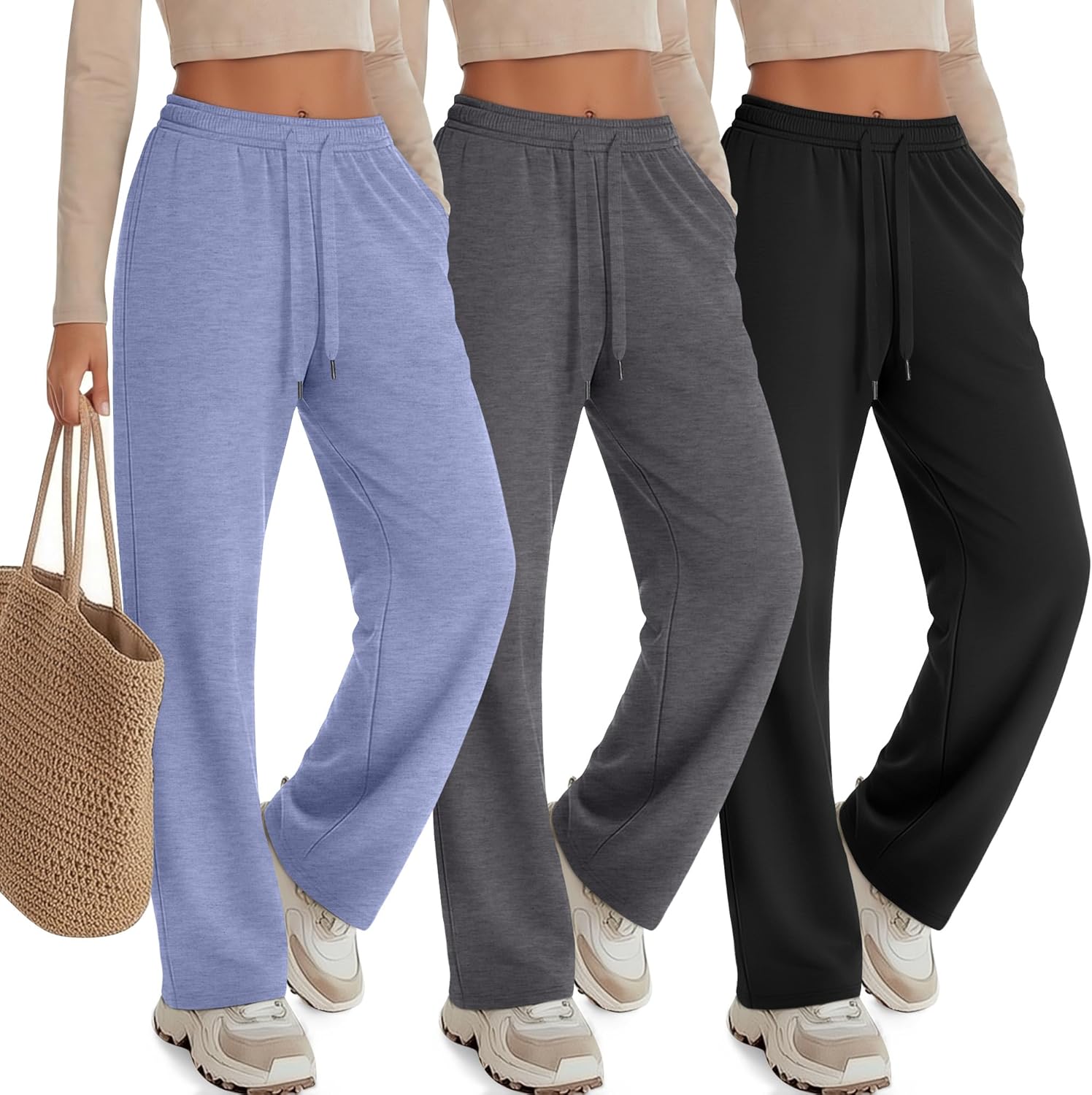 3 Pack Womens Lounge Pants Wide Leg Drawstring Casual Palazzo Trousers High Waisted Yoga Sweatpants with Pockets