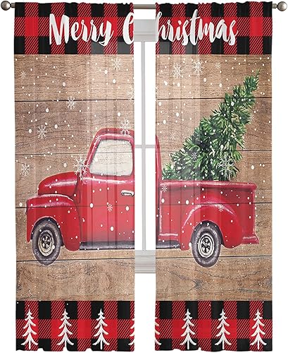 Miniatura 3 de Cortinas traslúcidas de camión rojo de Navidad de 72 pulgadas de largo, juego de 2 paneles de tablero de madera retro rústico, diseño de búfalo,