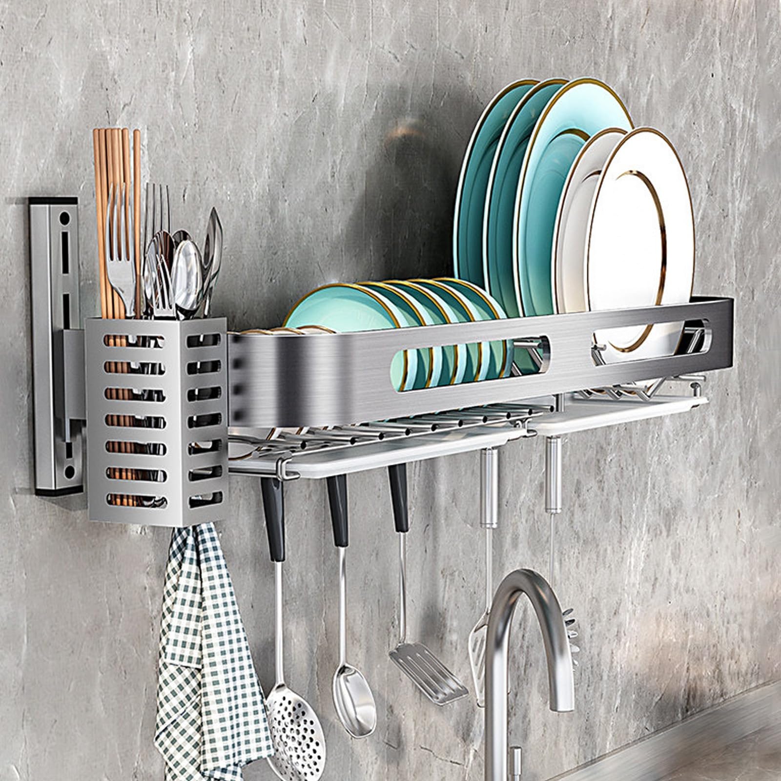 Scolapiatti Con Vassoio Gocciolante, Scaffale Da Cucina Scaffale Da Muro Per Stoviglie In Acciaio Inox A Parete A Parete，Porta Bastoncini