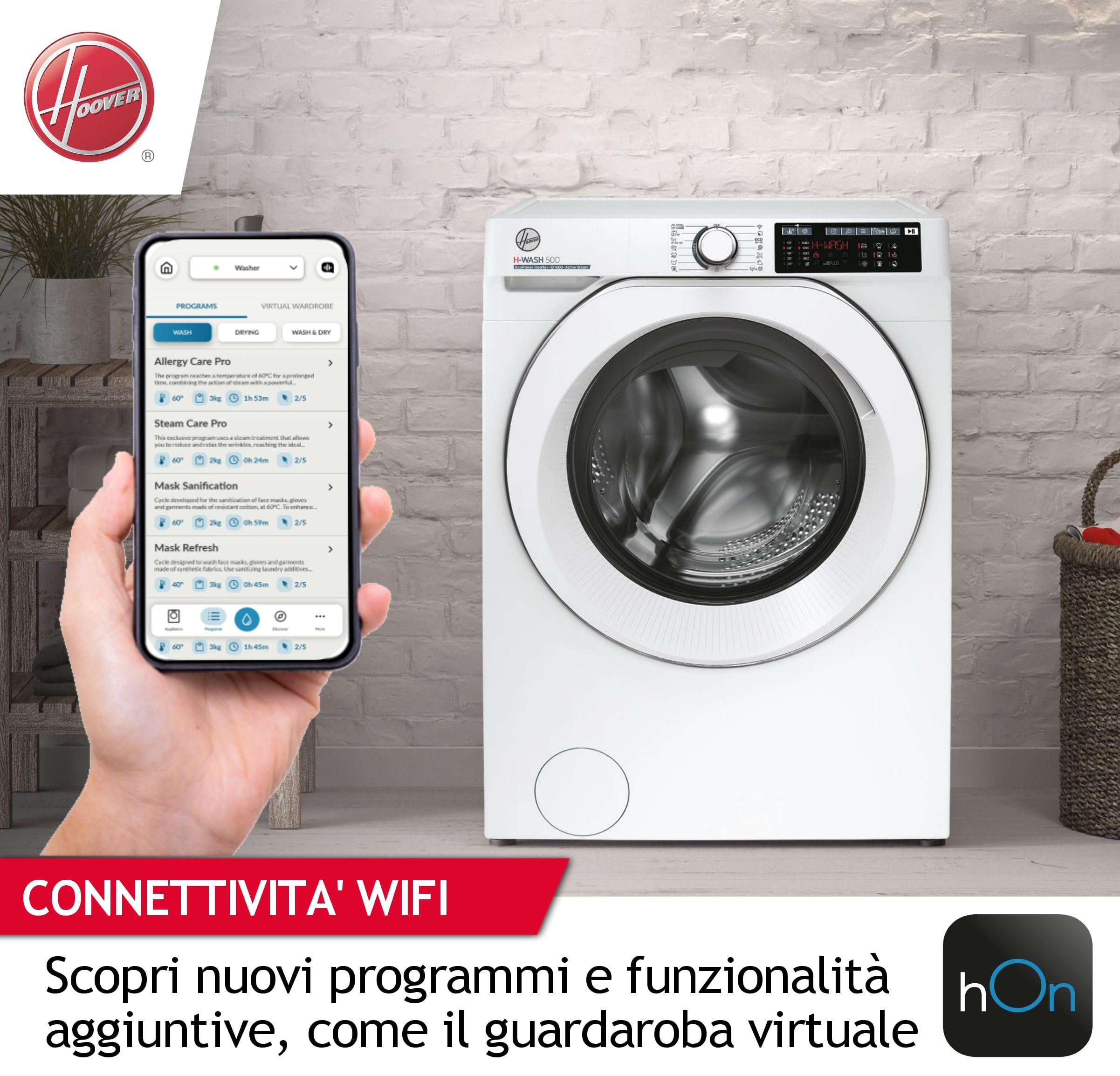 Hoover H-WASH 500 Lavatrice SLIM 7 Kg, 1200 Giri, Classe A, Motore Inverter Eco-Power, Wi-Fi + Bluetooth, Power Care, Vapore, Profondità Slim 45,4 cm, 85 x 60 x 45,4 cm (AxLxP), Bianco, HW4 27AMC7/1-S