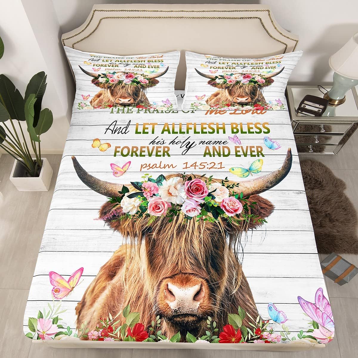Highland Cow Juego de sábanas de cama de ganado rosa Highland para niños, niñas, ropa de cama de ganado toro, sábana bajera ajustable con diseño floral botánico, juego de sábanas de doble tamaño