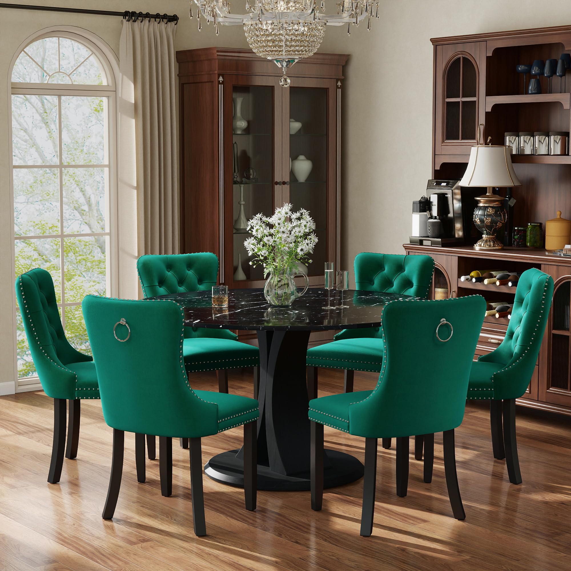 7-Piece Dining Table Set for 6 with 47 In Black Faux Marble Round Table