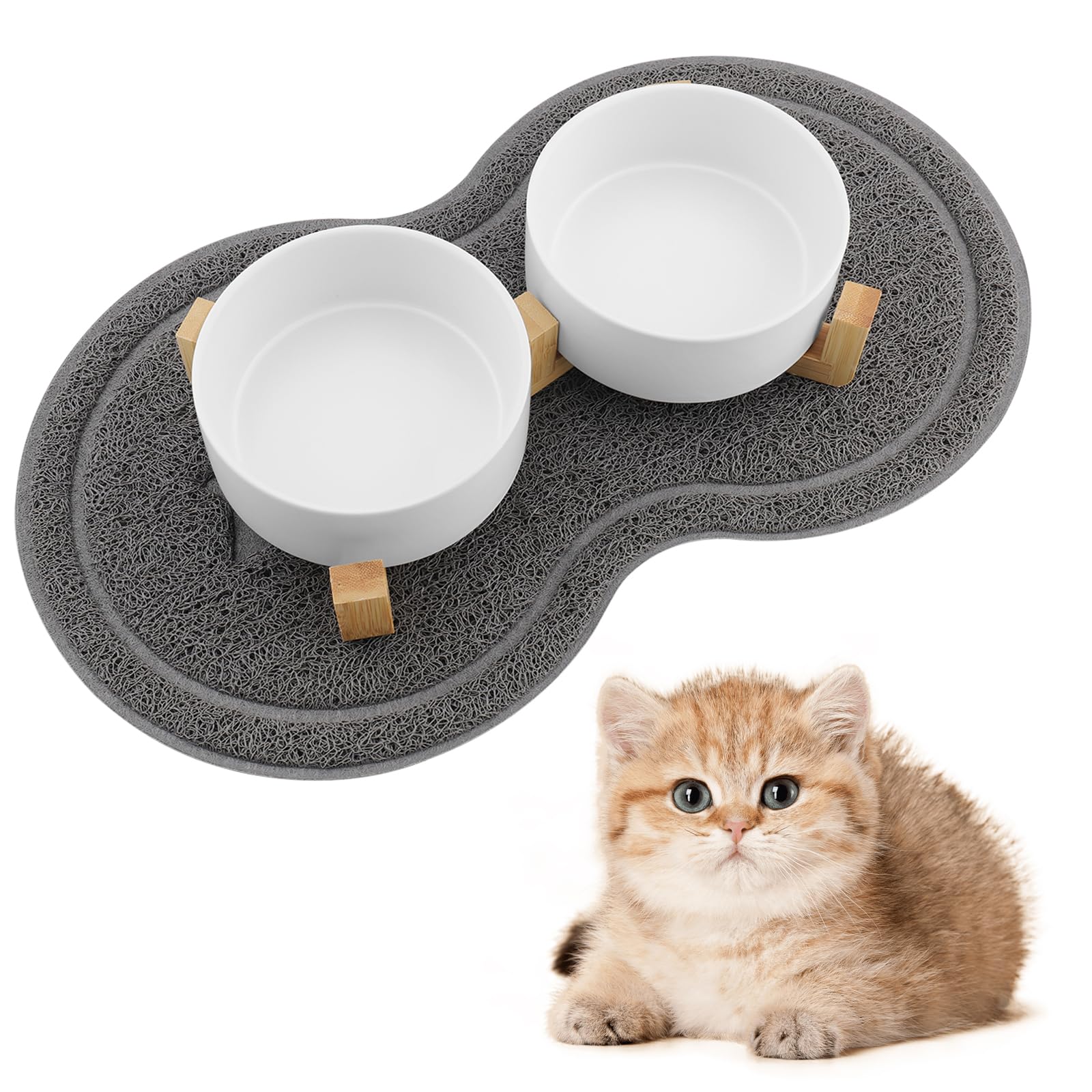 Ciotole per Gatti, Ciotola Ceramica Gatto con Staffa 400ML, Distributore per cibo con 2 Ciotole, Adatto a Gatti di Tutte le Dimensioni e Cuccioli (Bianco)