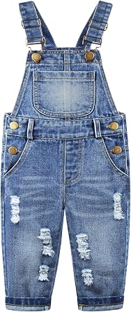 KIDSCOOL Toddler Baby Denim Overalls Ripped Distressed Jean Bib Romper