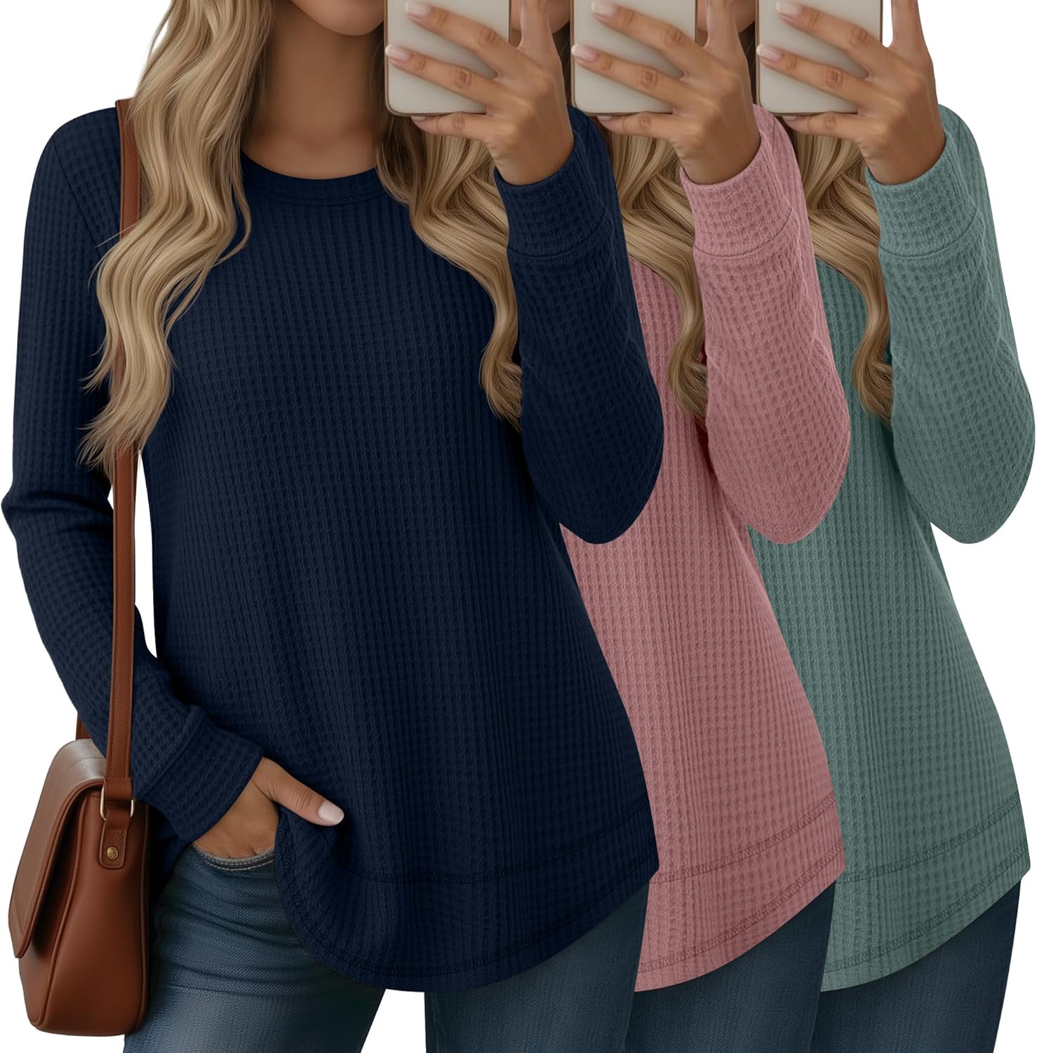 Velvelhall 3 Pack Women's Waffle Knit Sweatshirts Crew Neck Long Sleeve Tops Casual Loose Fit Pullover Tees Curved Hem Shirts