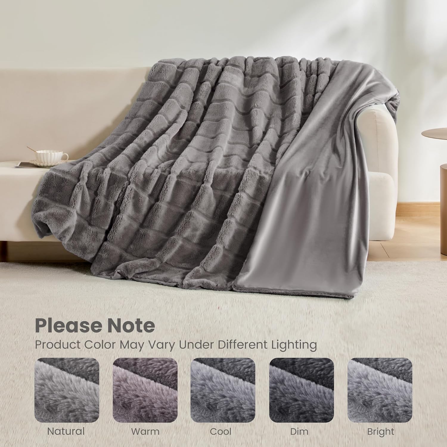 Sophia & William Grey Faux Rabbit Fur Throw Blanket, Micro Mink Dual-Sided Cozy Soft Blankets, Plush Fuzzy Fluffy Blanket for Couch Bed Sofa, Machine Washable, Queen(90" x 90") - Image 9