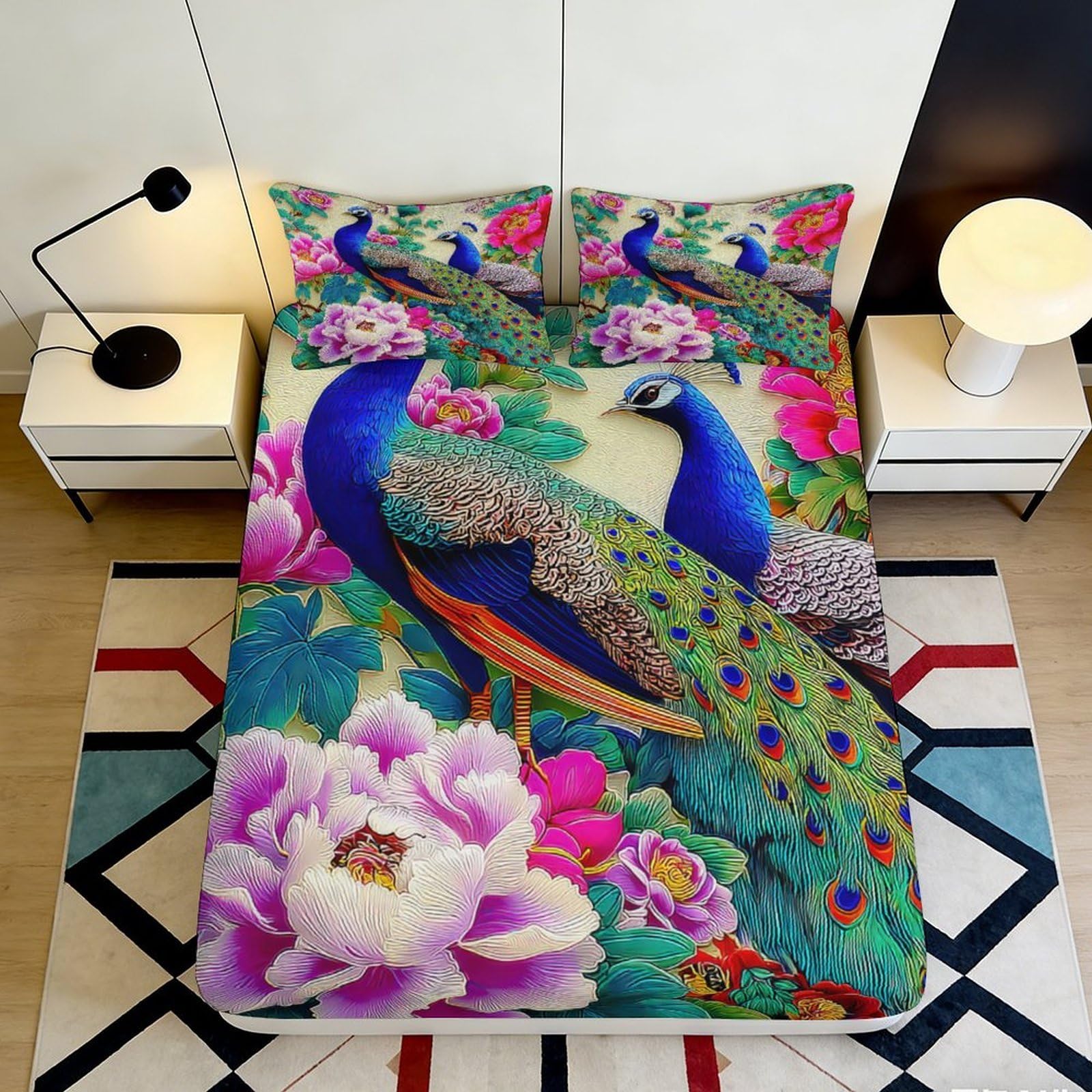 3D Printed Peacock Floral Fitted Sheet Microfiber Soft Vibrant Lotus Bed Cover for Bedroom Guest Room Mattress Decor 90x200x25cm