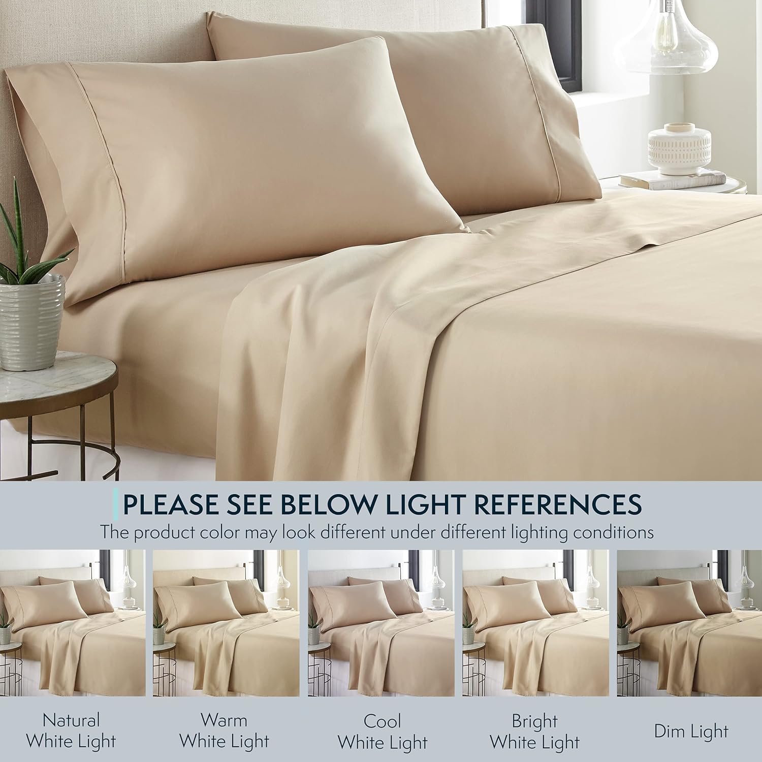 HC COLLECTION Bed Sheets Set Queen with 2 Pillowcases, Hotel Luxury Platinum 1800 Series Brushed Microfiber Deep Pocket Fitted Sheet, Fade Resistant Ultra Soft 4 Pcs Bedding for Hot Sleepers, Taupe