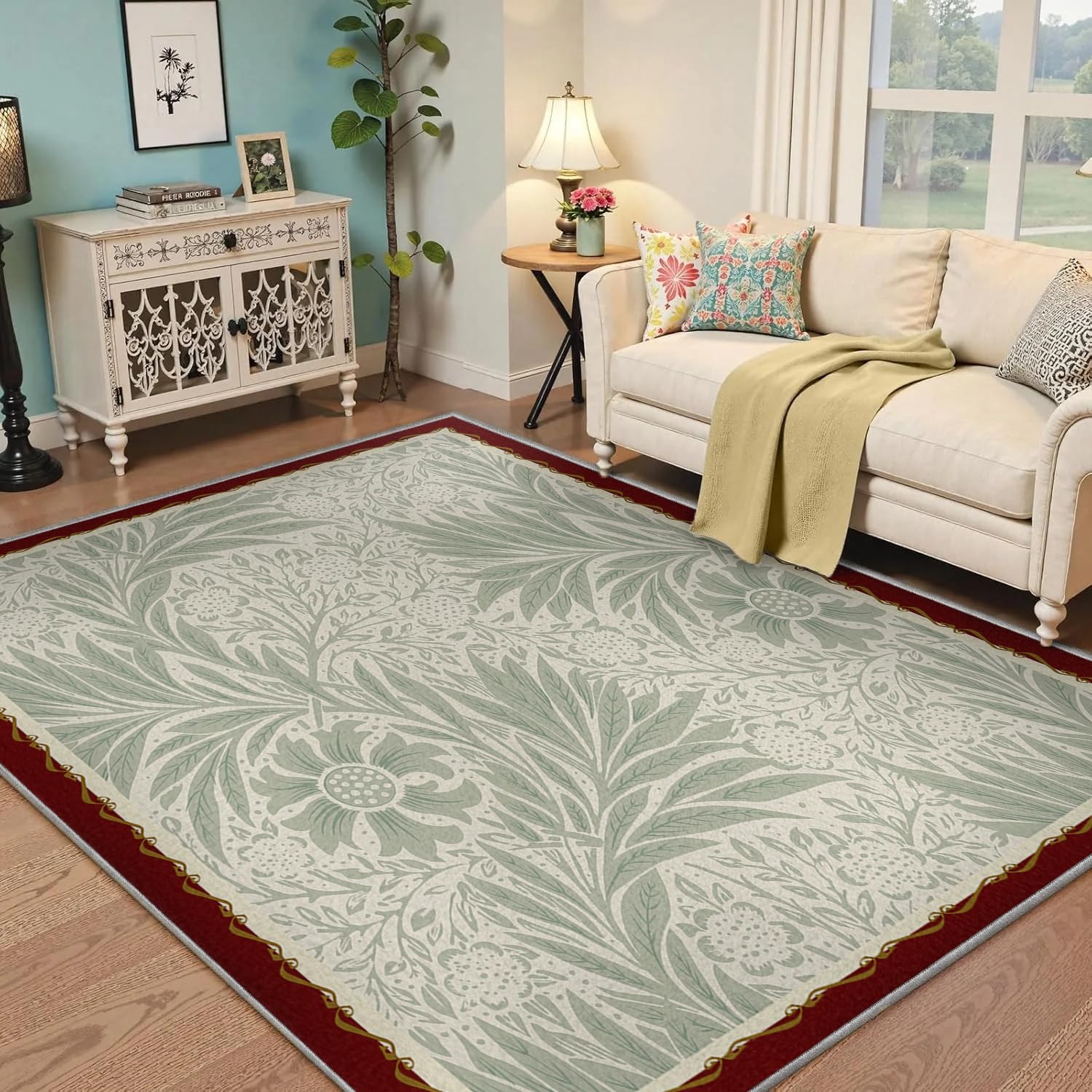 Tapis de Salon 200x300 Tapis Vert Sauge Dossier antidérapant Lavable pour Chambre Salle Manger Bureau Domicile Chambre bébé intérieur Sol Fleur Plante rétro décoration Salle Jeux