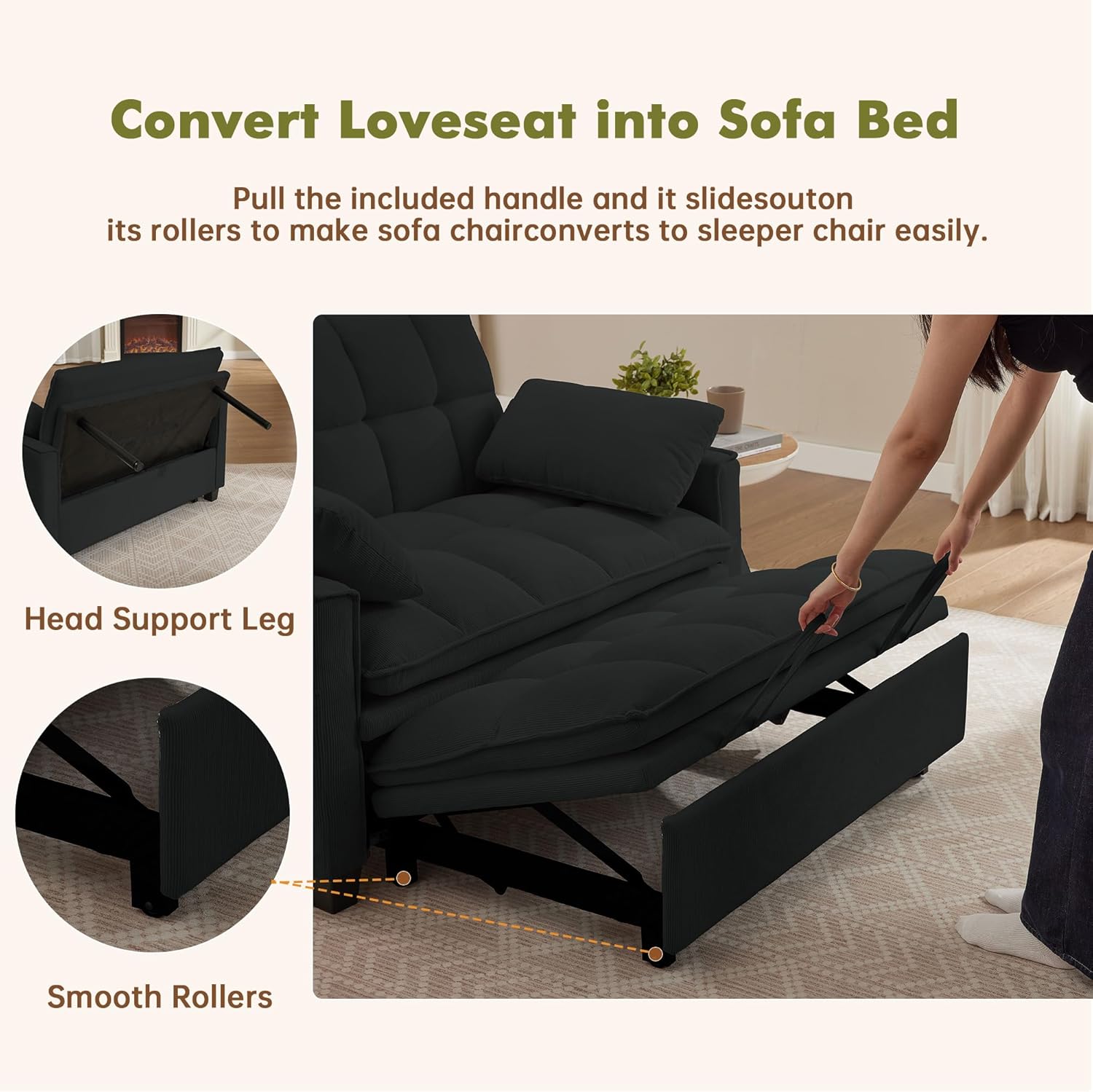48'' 3-in-1 Folding Convertible Sofa Bed, Pull Out Couch Bed with Adjustable Backrest, Modern Corduroy Fabric, Easy Assembly, Perfect for Living Room, Office, Small Space (Black)