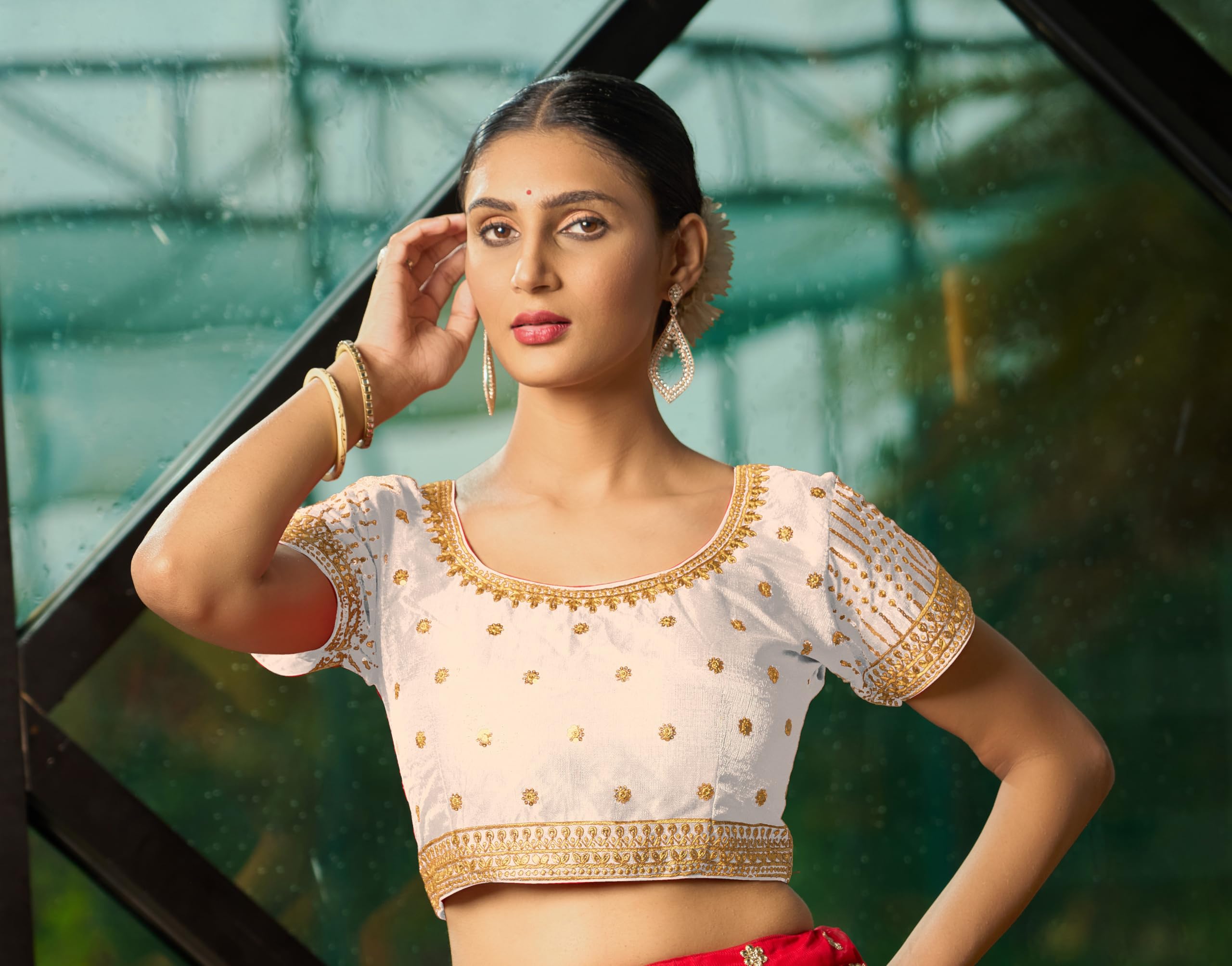 Pujia Mills Women's White Readymade Blouse Embroidery Multi Coding Gold Thread Indian Ethnic Designer Blouse Stitched Women's Readymade Short Sleeve Saree Blouse For Women For Saree Lehenga Choli