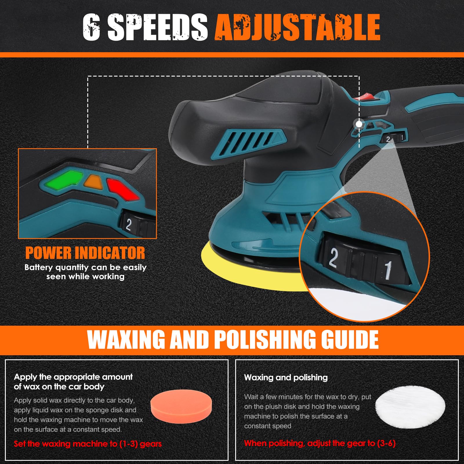 Lucidatrice a batteria compatibile con Makita 18V batteria, 15 cm Lucidatrice per auto con 12 accessori, lucidatrice eccentrica a 6 velocità variabili da 2500-5000 giri/min (senza batteria)