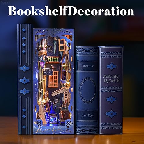 Miniatura 10 de Kit de rincón de libros de bricolaje, atractivo rompecabezas de madera 3D para adultos y adolescentes, estante de biblioteca en miniatura con luces