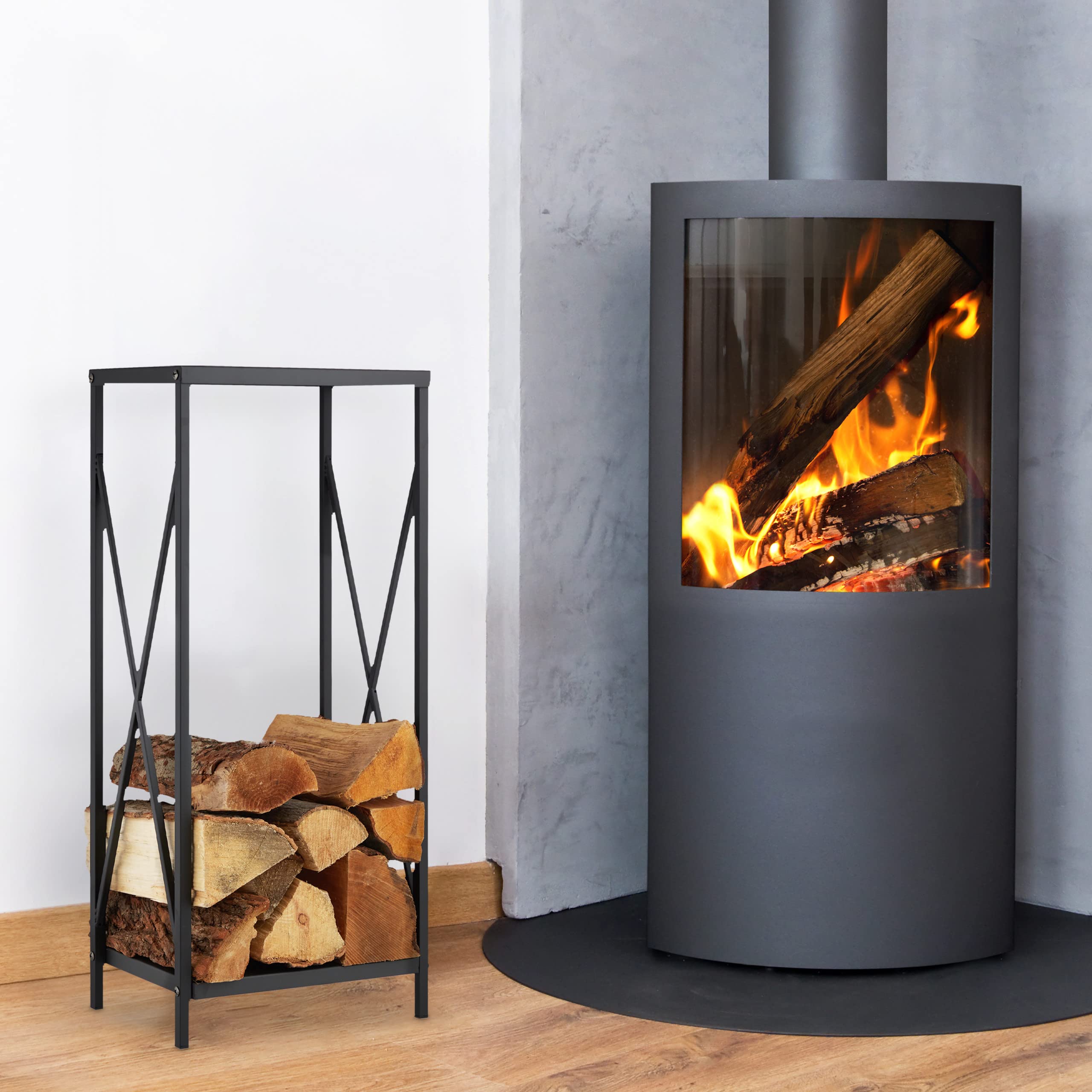 Relaxdays Étagère de cheminée, métal, HLP 80x34x25 cm, Range Bois intérieur, revêtement poudré, entreposage Bois, Noir
