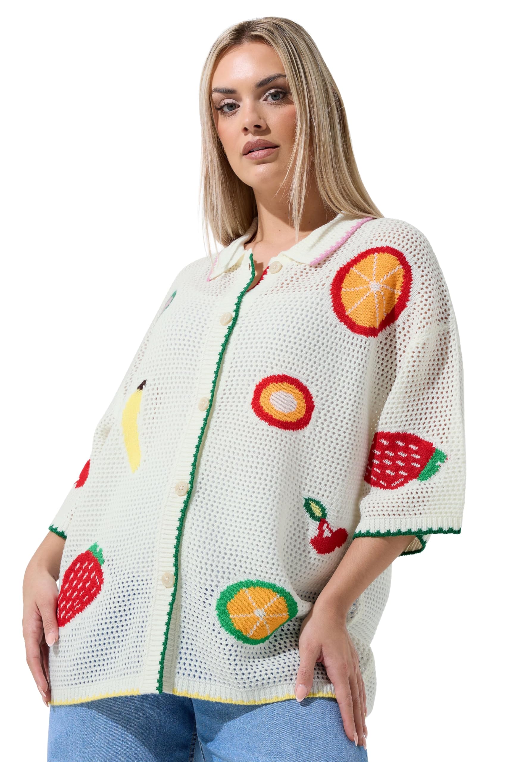Yours Women's Cream Fruit Crochet Knit Shirt - Size 26-28