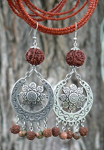 Miniatura 7 de Mandala Earrings with Rudraksha Beads and Unakite Stones - Handmade, Shakti flower, Real 5 Mukhi Rudraksh Seed, Saraswati Festival Jewelry, Hippie